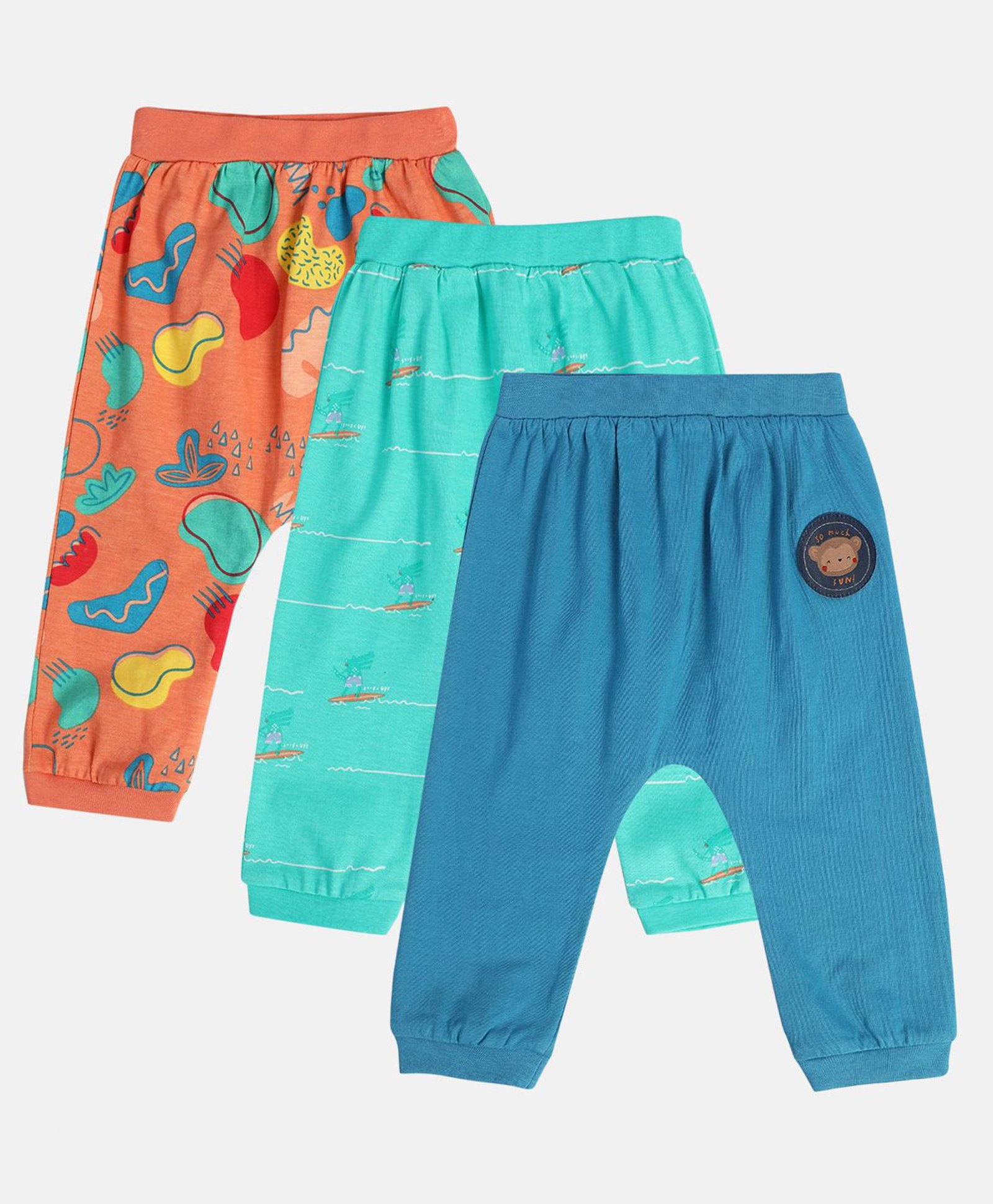 MINI KLUB Cotton Knit Pack Of 3 Abstract Printed & Monkey Patch Detailed Pants - Peach & Blue-picture-22