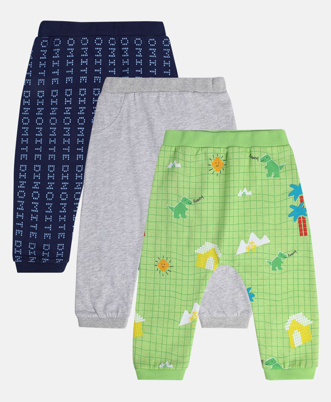 MINI KLUB Cotton Pack Of 3 Solid & Dinosaur Printed Diaper Pajamas - Navy Blue Green & Grey-picture-33