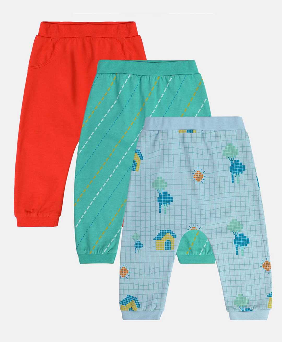 MINI KLUB Cotton Pack Of 3 Solid & Checked Diaper Pajamas - Blue Teal & Red-picture-26