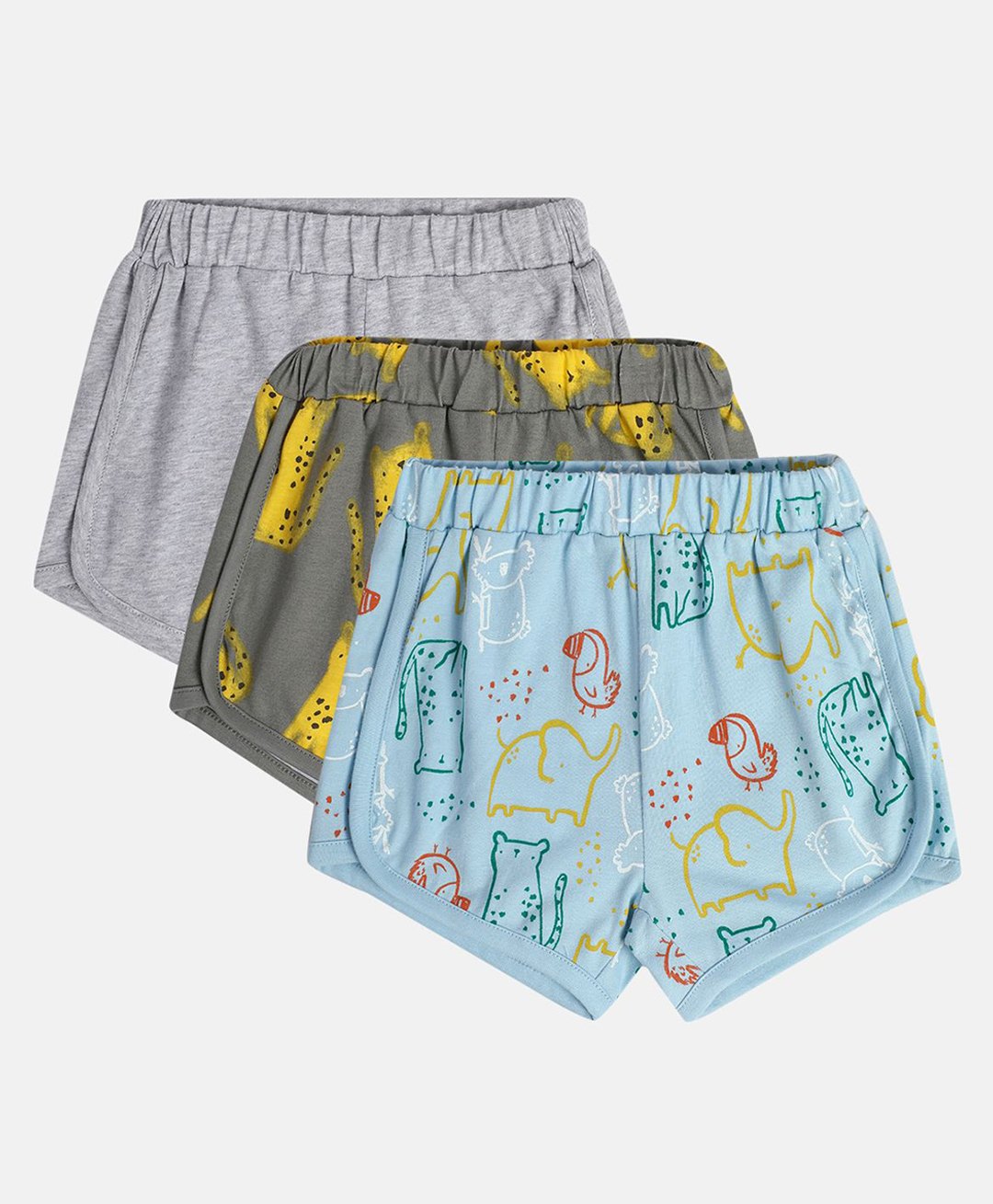 MINI KLUB Cotton Pack Of 3 Solid & Animals Printed Shorts - Blue & Grey-picture-37