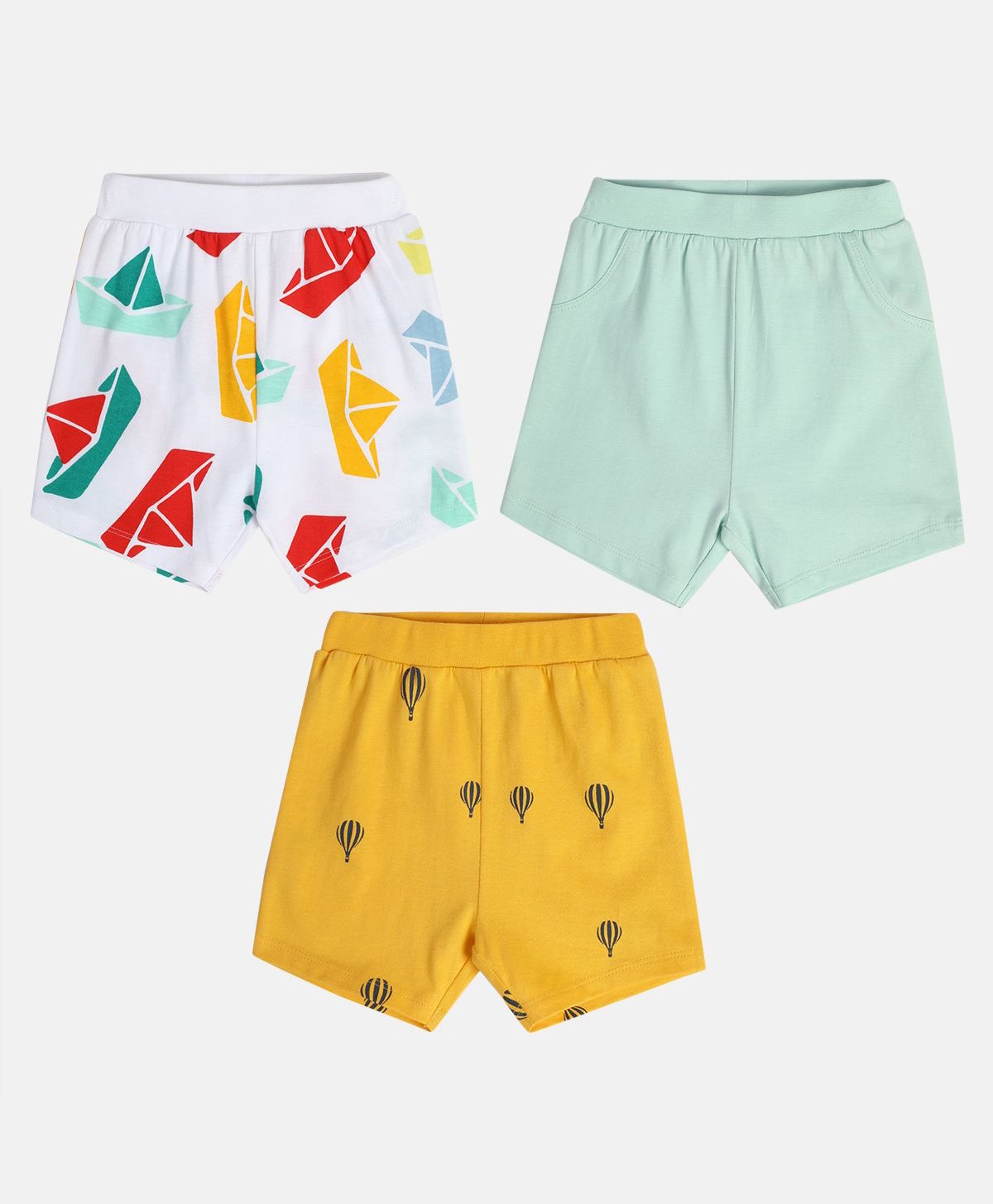 MINI KLUB Cotton Pack Of 3 Solid & Paper Boats Printed Shorts - Yellow Blue & White-picture-15