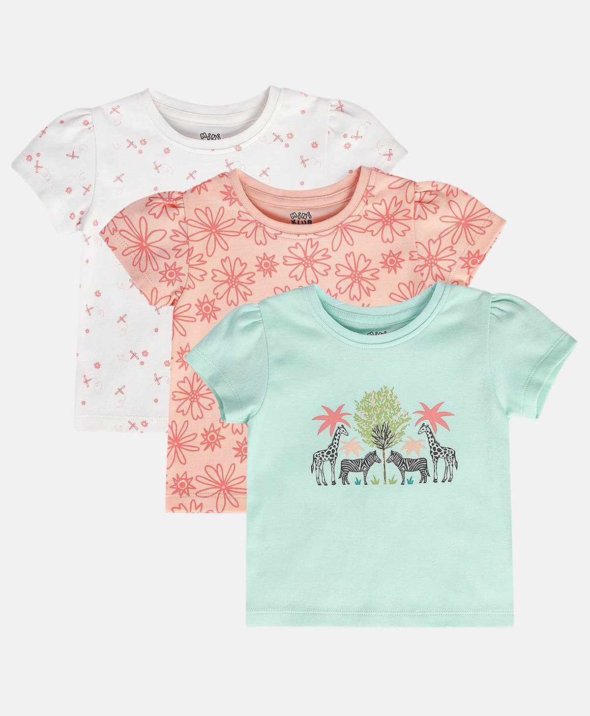 MINI KLUB Cotton Pack Of 3 Half Sleeves Floral & Animals Printed Tops - Blue Pink & White-image-24