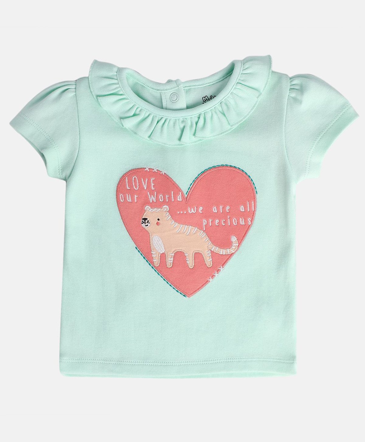 MINI KLUB Cotton Half Puffed Sleeves Baby Animal Embroidered Top - Blue-picture-29