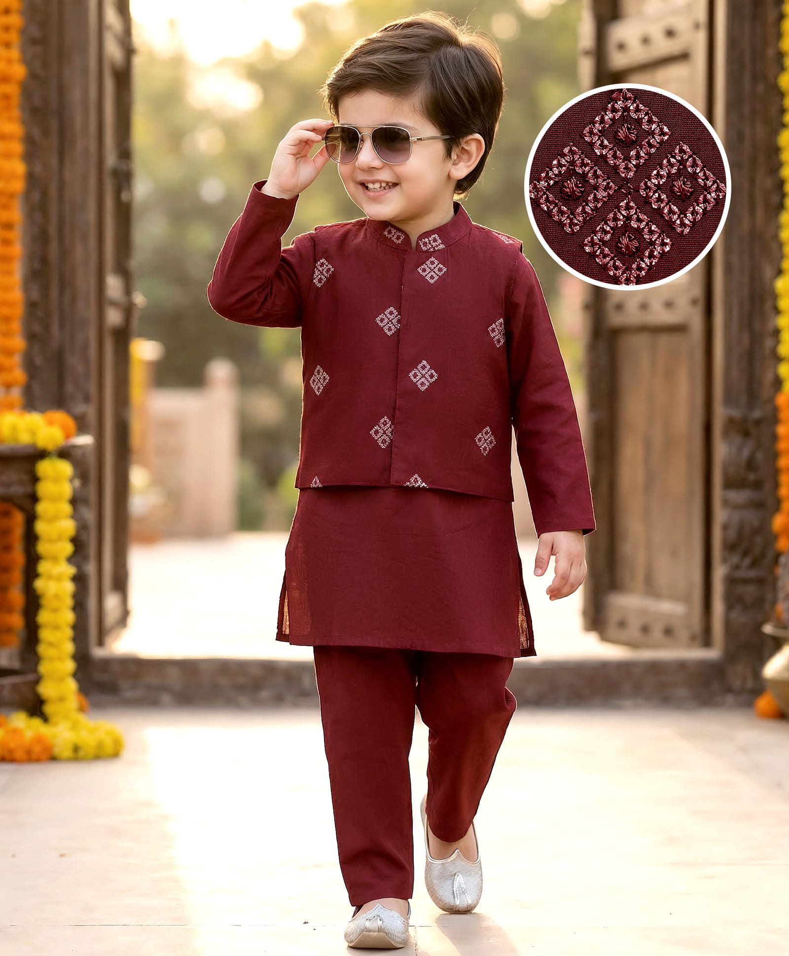 Babyhug Woven Full Sleeves Solid Coloured Kurta Pyjama Set With Embroidered Jacket - Maroon-picture-37