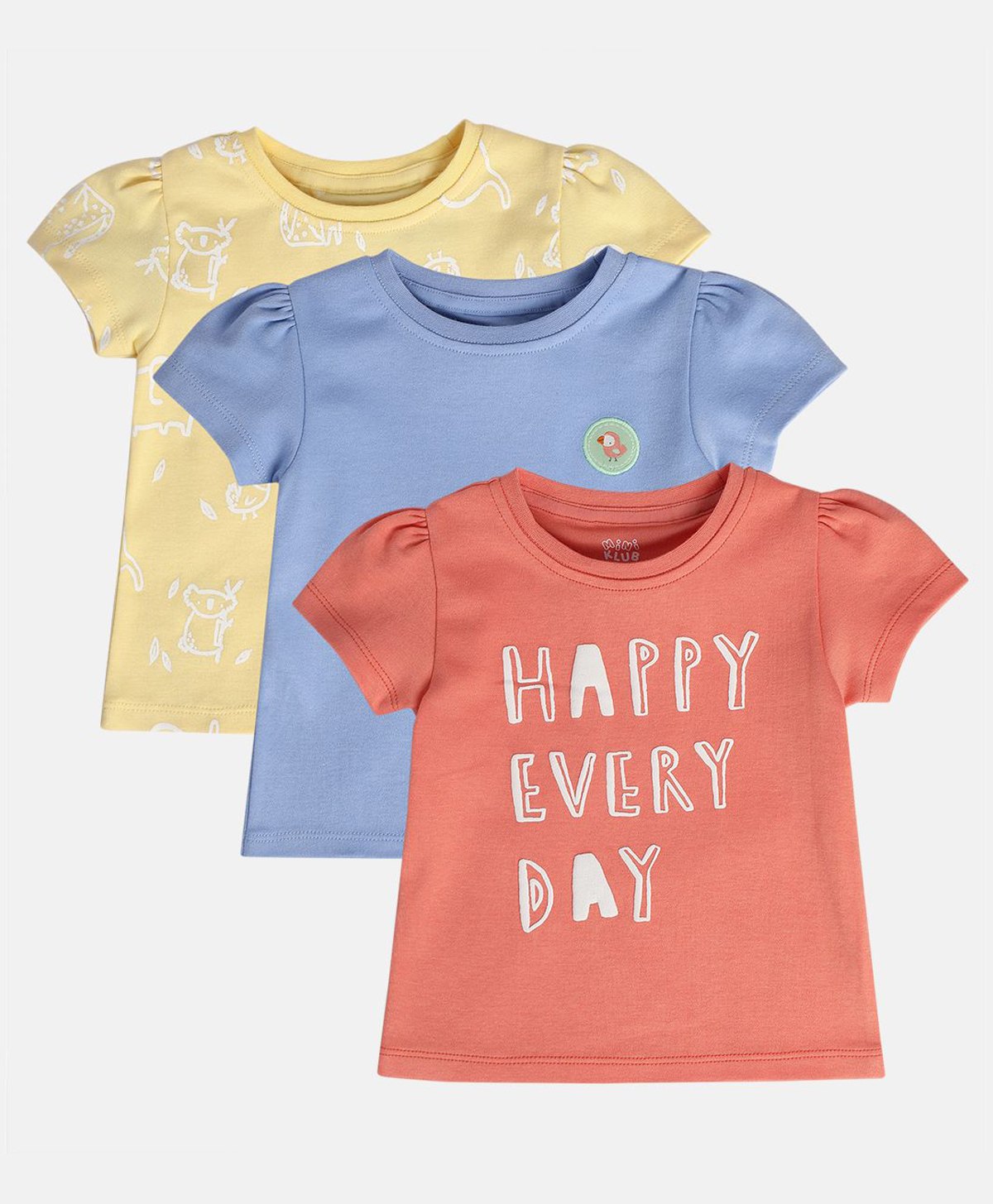 MINI KLUB Cotton Pack Of 3 Half Puffed Sleeves Happy Every Day Text & Baby Animals Printed Tops - Blue Pink & Yellow-picture-1