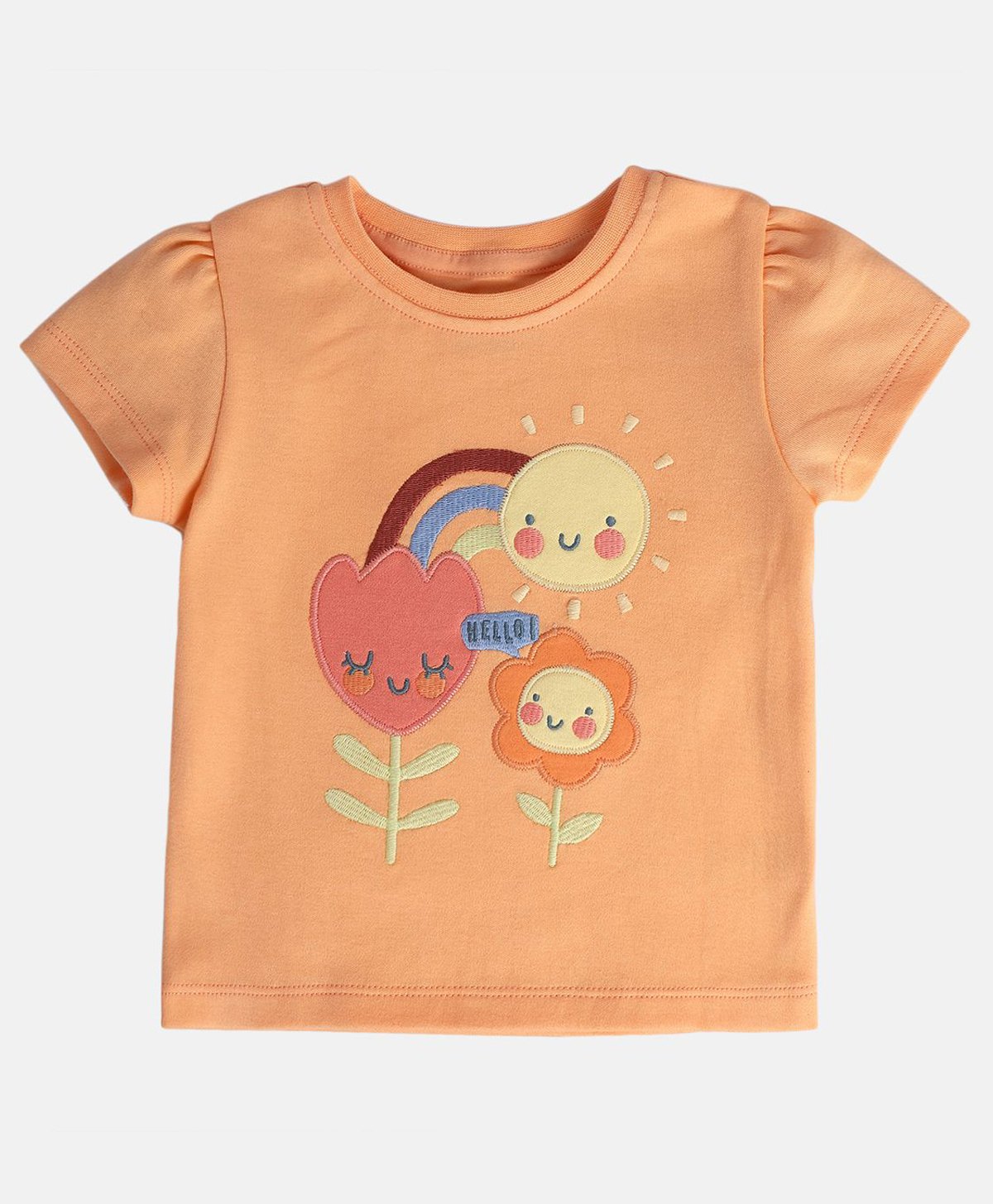 MINI KLUB Cotton Half Sleeves Floral Embroidered Top - Peach-picture-0