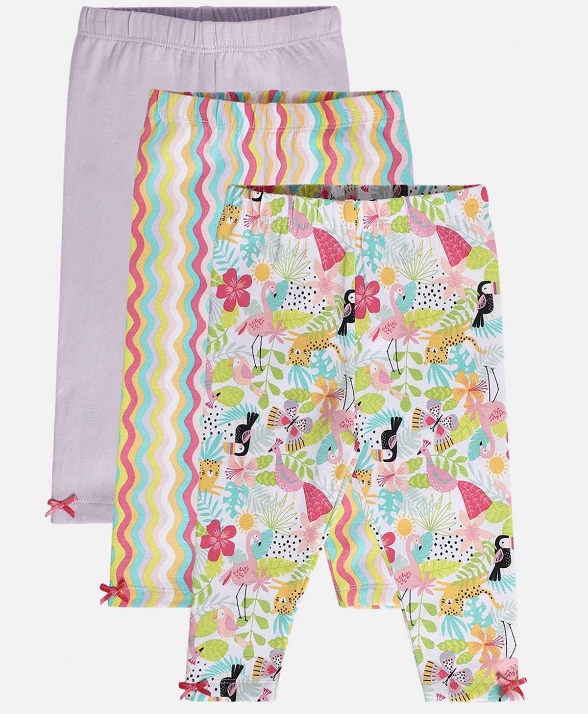 MINI KLUB Cotton Pack Of 3 Solid & Jungle Theme Printed Leggings - Purple & White-picture-20