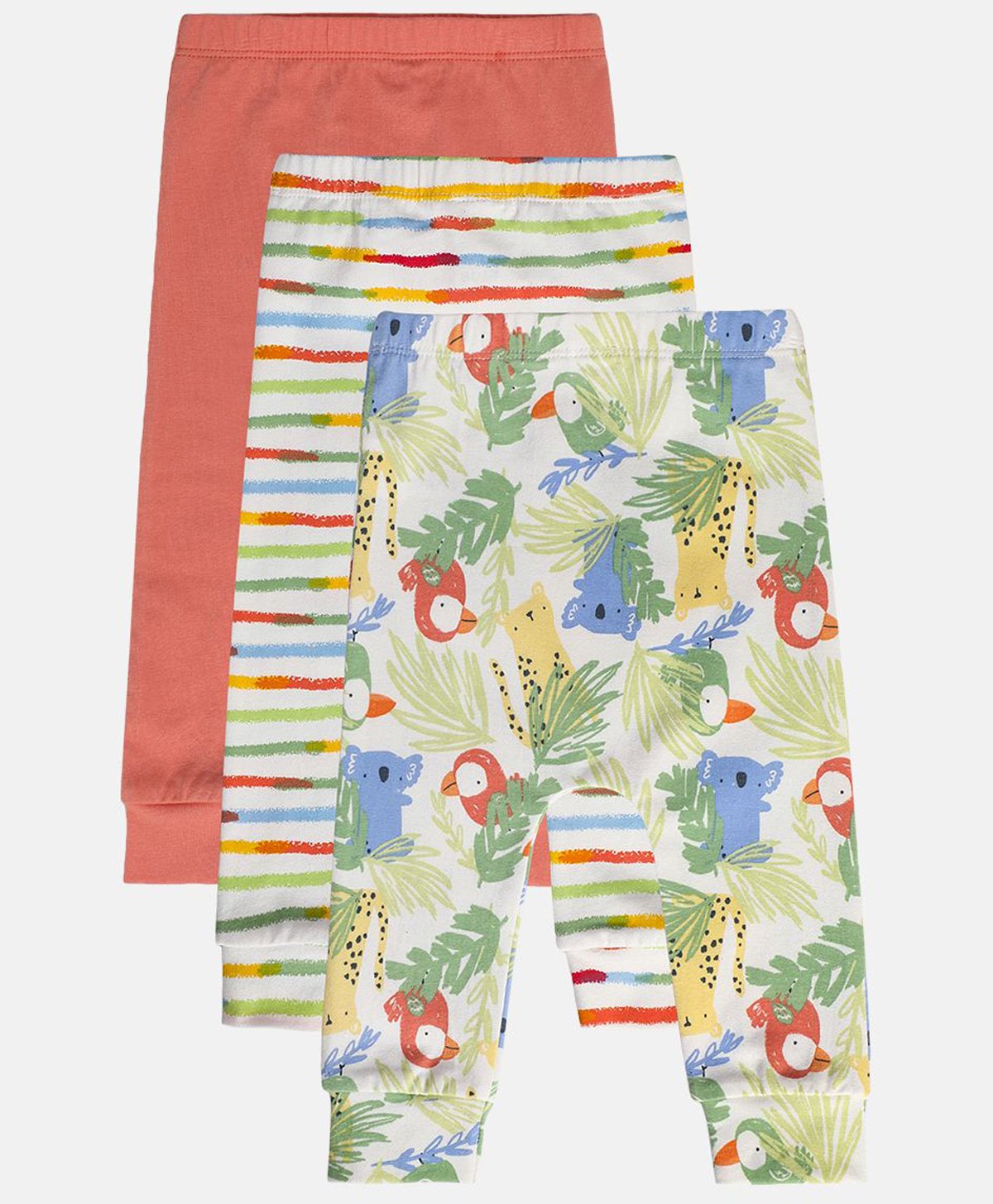 MINI KLUB Cotton Pack Of 3 Jungle Theme Printed & Striped Diaper Leggings - Peach & White-image-29
