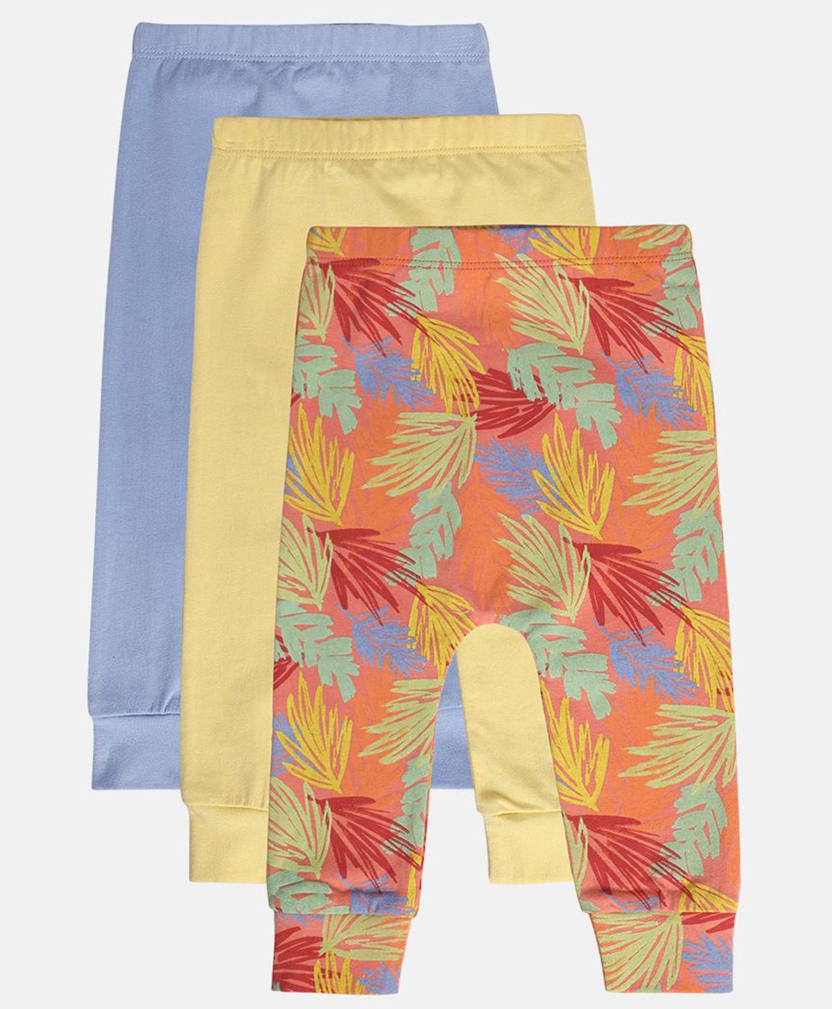 MINI KLUB Cotton Pack Of 3 Solid & Tropical Theme Printed Diaper Leggings - Blue Peach & Yellow-image-47