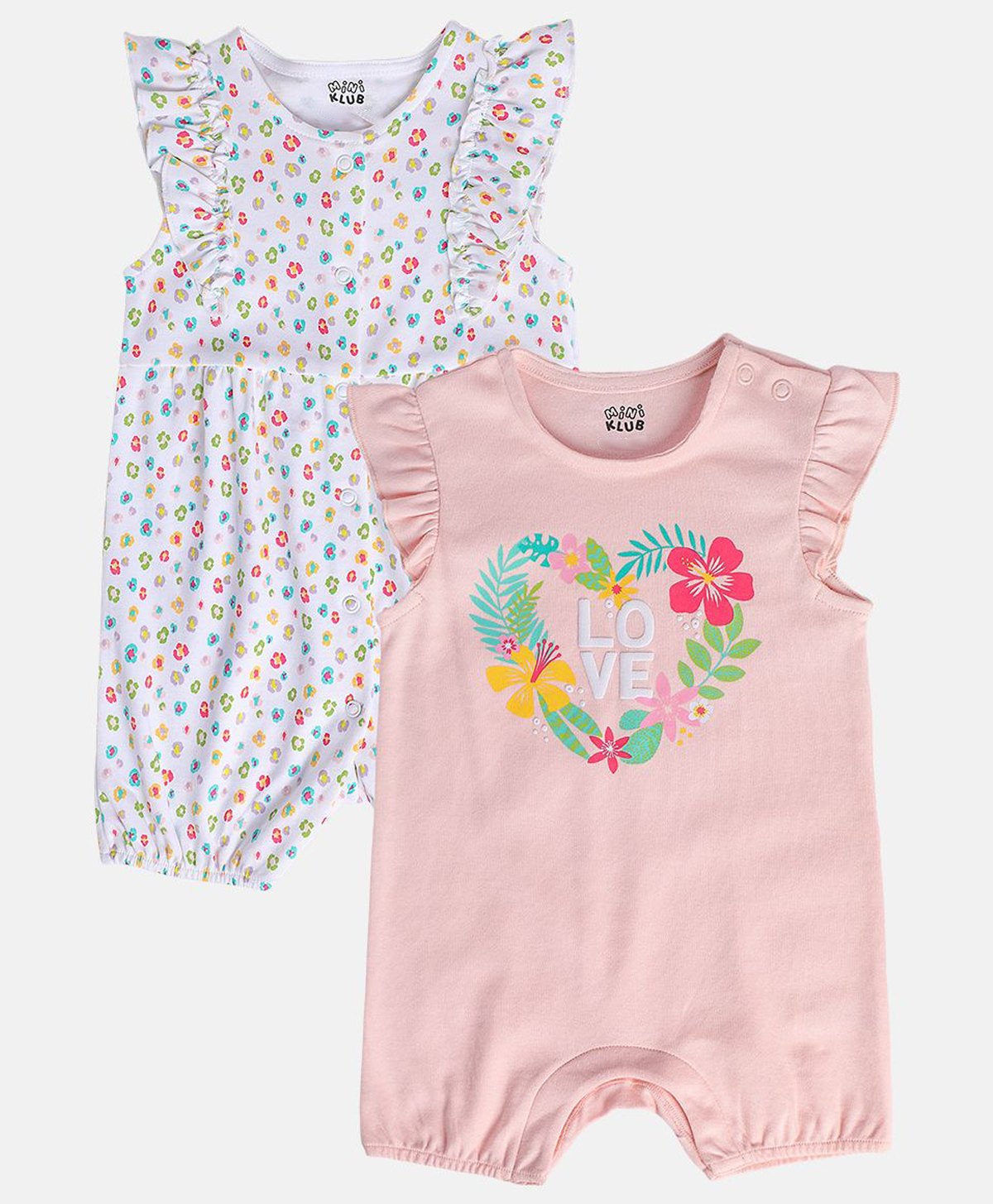 MINI KLUB Cotton Pack Of 2 Frill Sleeves Love Text Puff & Floral Printed Rompers - Pink & White-image-27