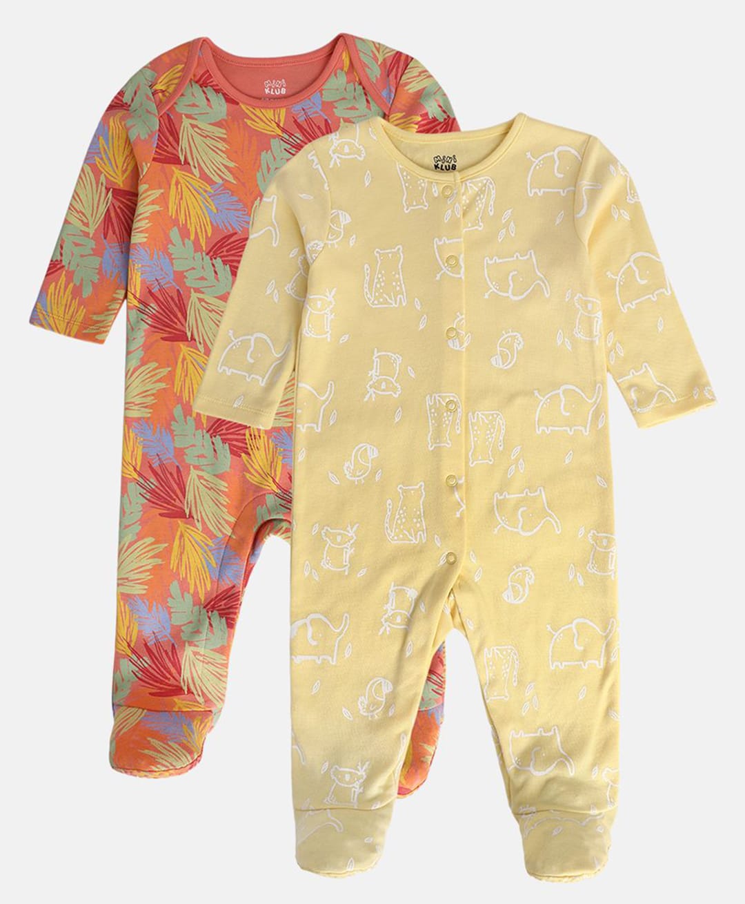 MINI KLUB Cotton Knit Pack Of 2 Full Sleeves Animal & Floral Printed Sleepsuits - Red & Yellow-image-48
