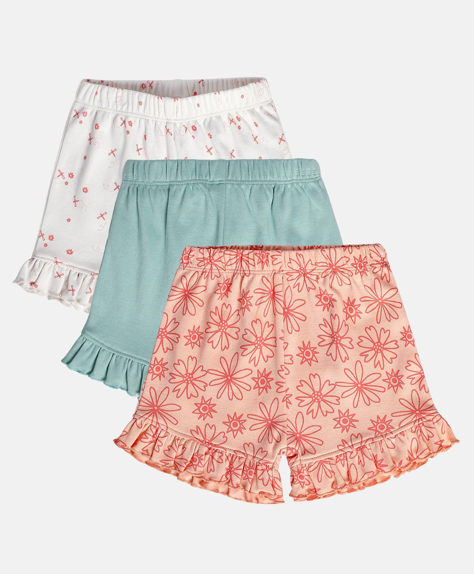 MINI KLUB Cotton Pack Of 3 Solid & Floral Printed Shorts - Blue Pink & White-picture-19