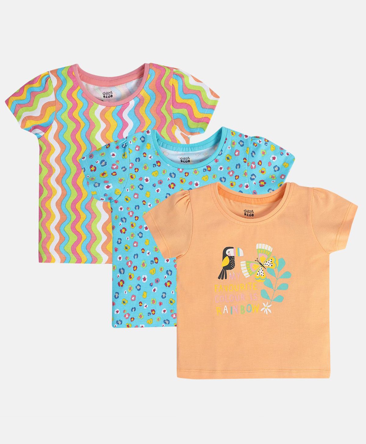 MINI KLUB Cotton Pack Of 3 Half Sleeves Floral & Birds Printed Knit Top - Blue Pink & Peach-image-13