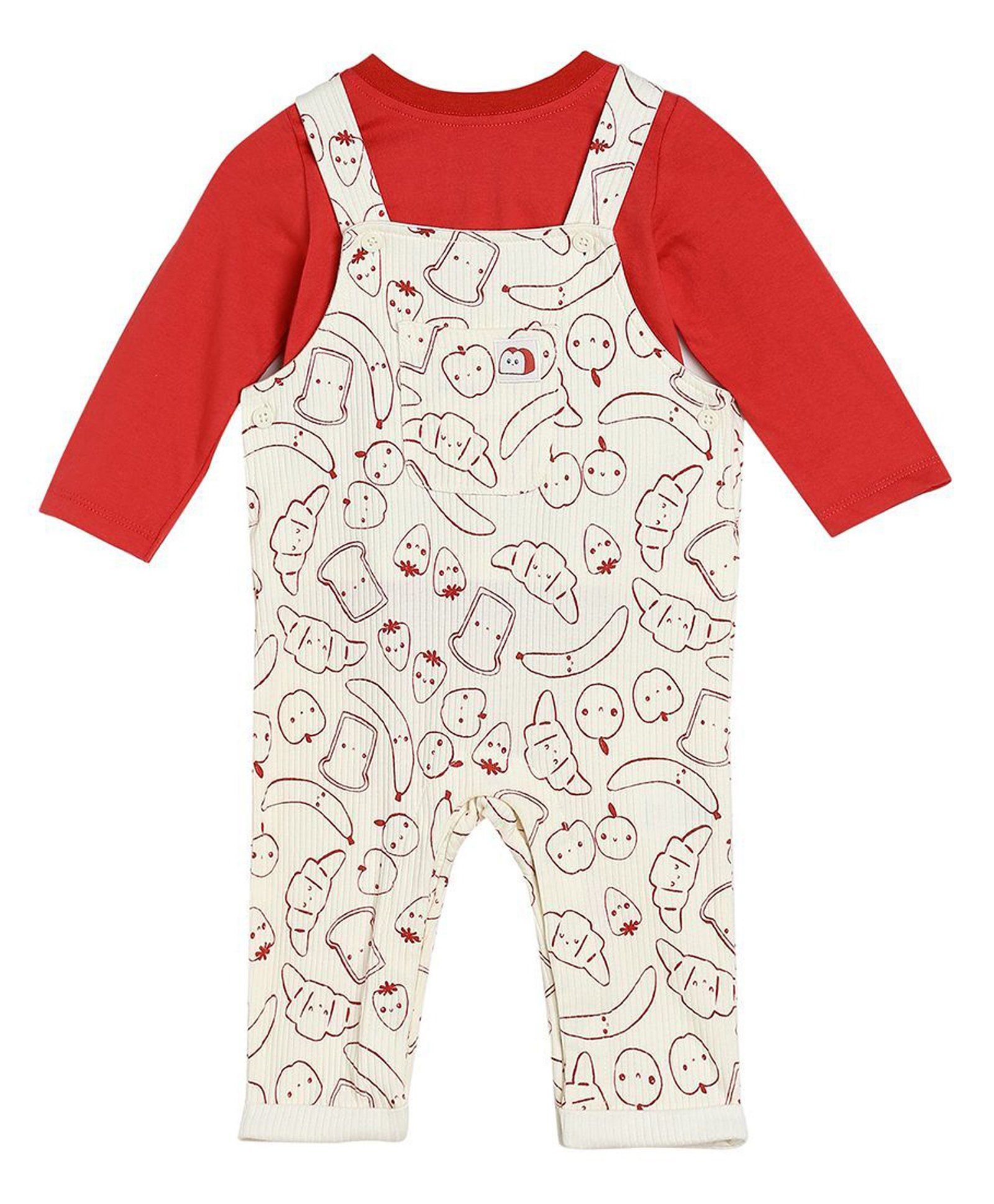 MINI KLUB Cotton Fruits & Bread Printed Dungaree With Full Sleeves Solid Tee Set - White & Red-picture-17