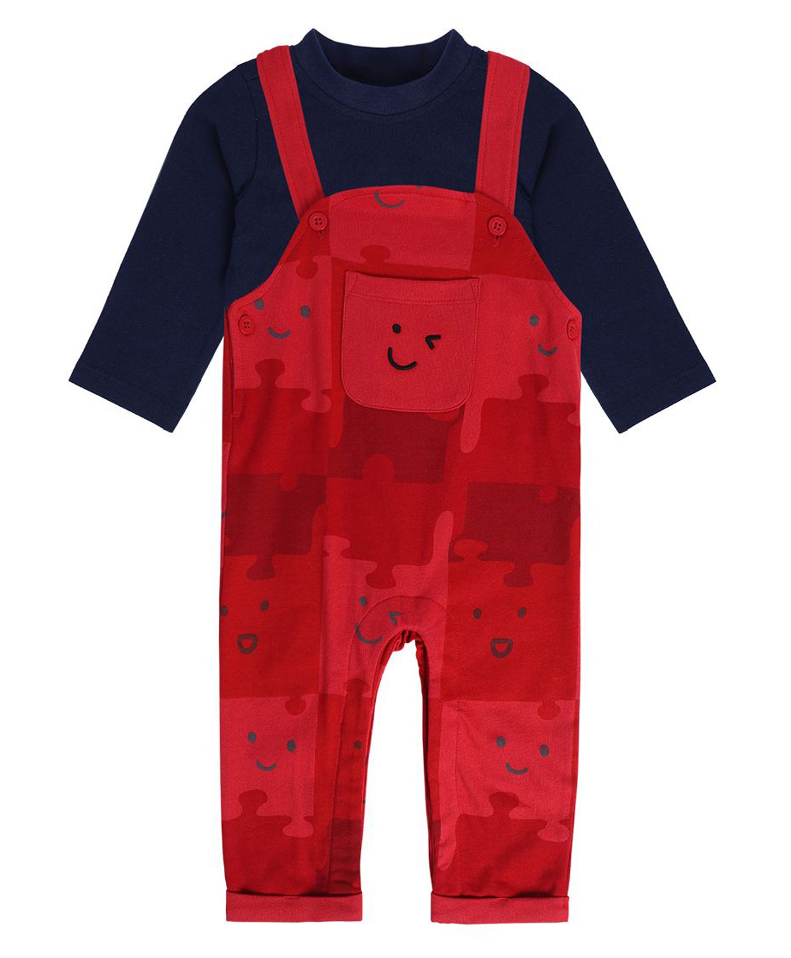 MINI KLUB Cotton Puzzle Printed Dungaree & Full Sleeves Tee Set - Blue & Red-image-15