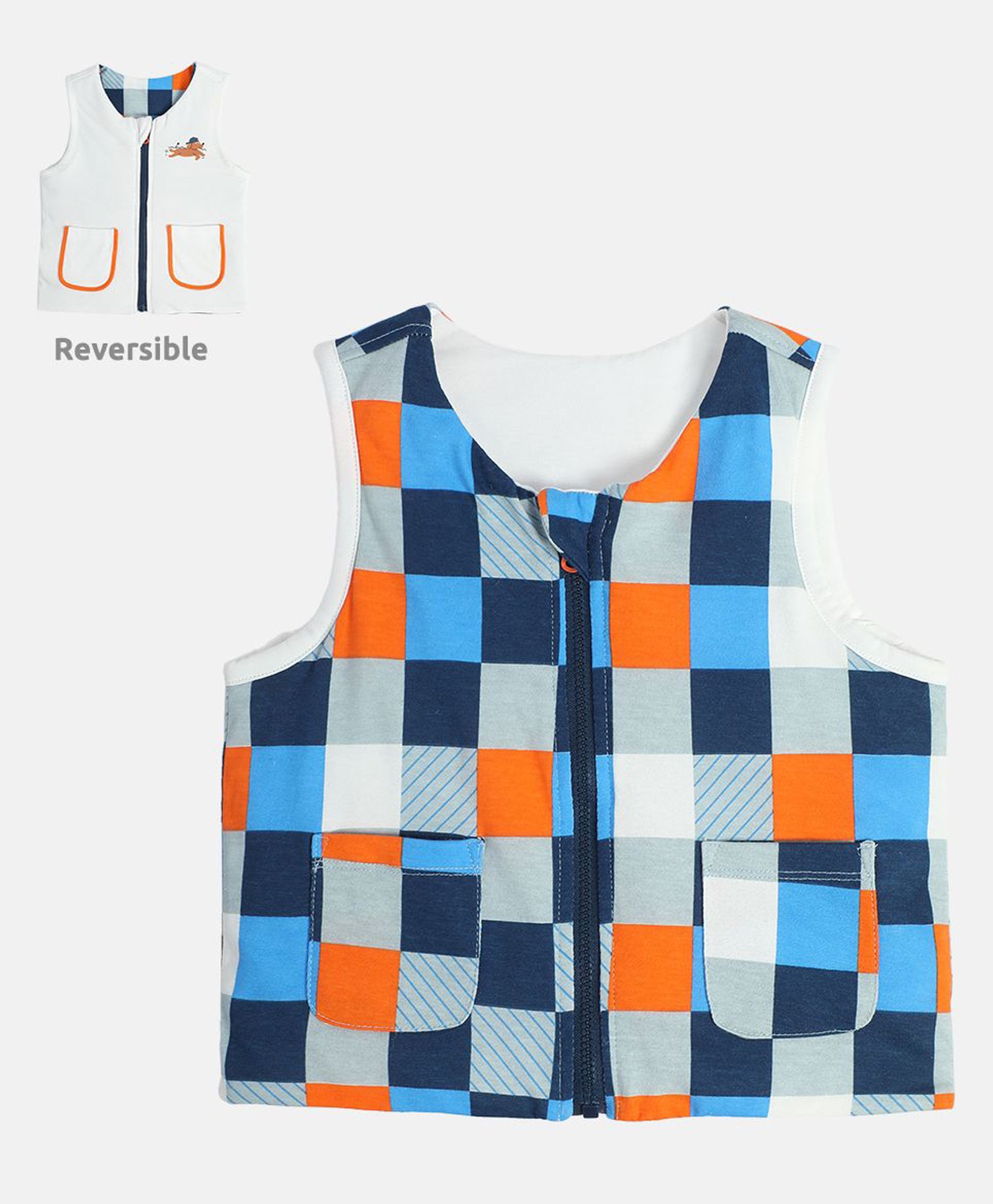 MINI KLUB Cotton Sleeveless Checked Reversible Gilet - Blue & White-picture-11