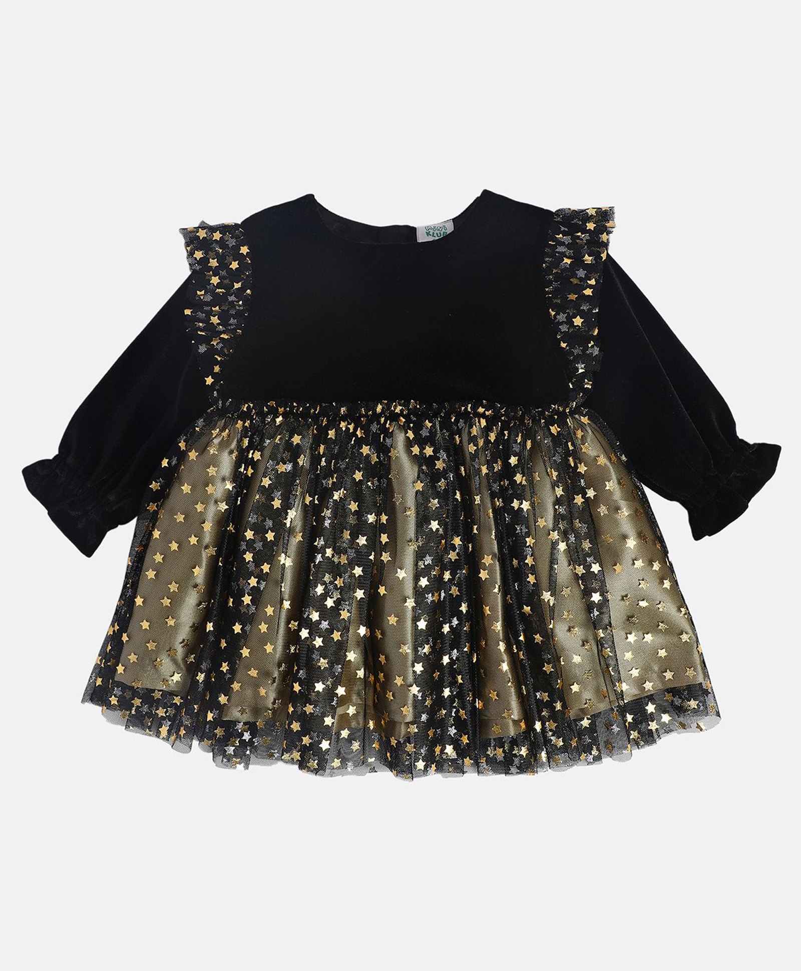 MINI KLUB Cotton Full Peasant Sleeves Foil Stars Printed Dress - Black-image-28