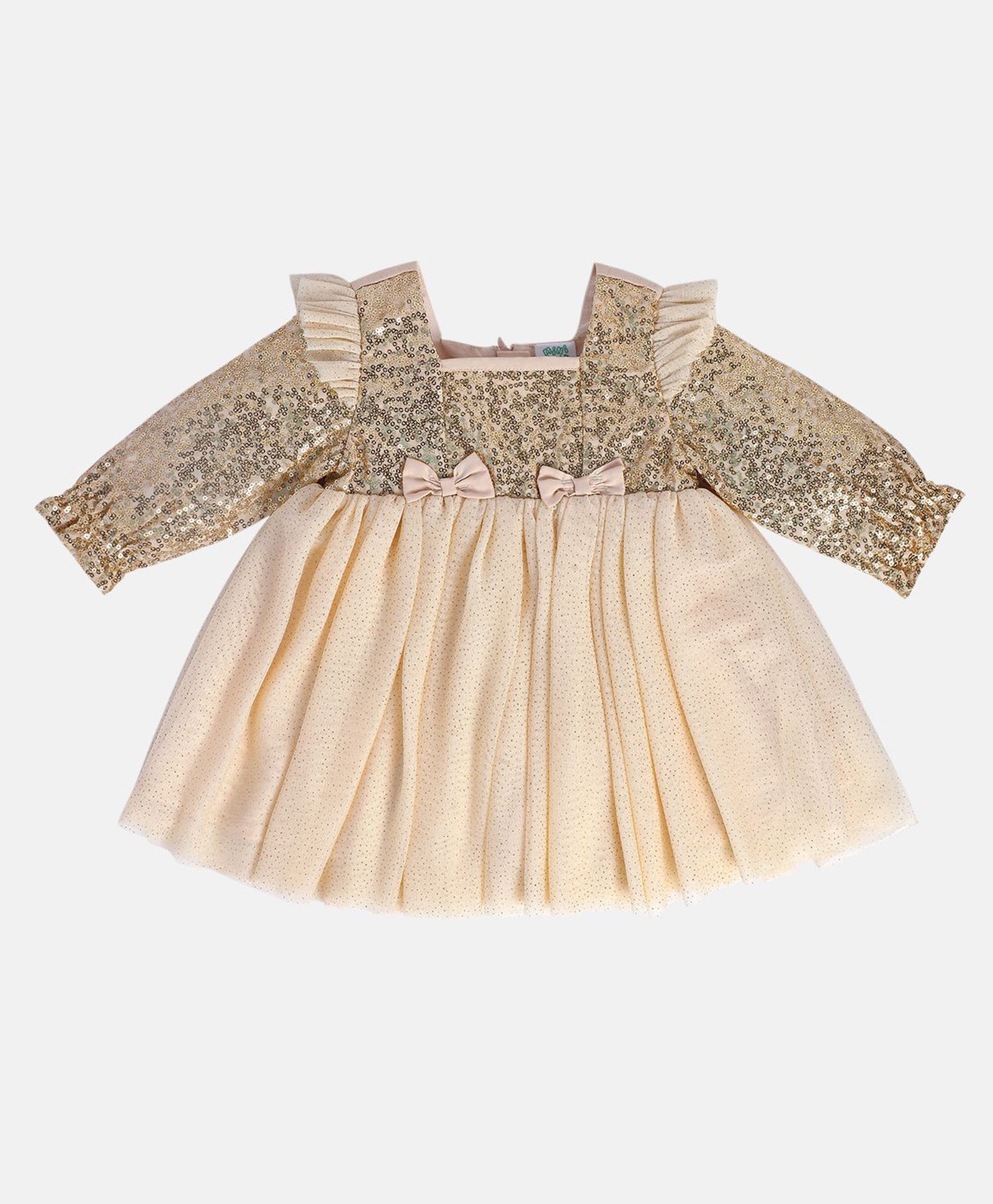 MINI KLUB Cotton Three Fourth Puffed Sleeves Sequins Embellished & Bow Applique Detailed Dress - Beige-picture-32