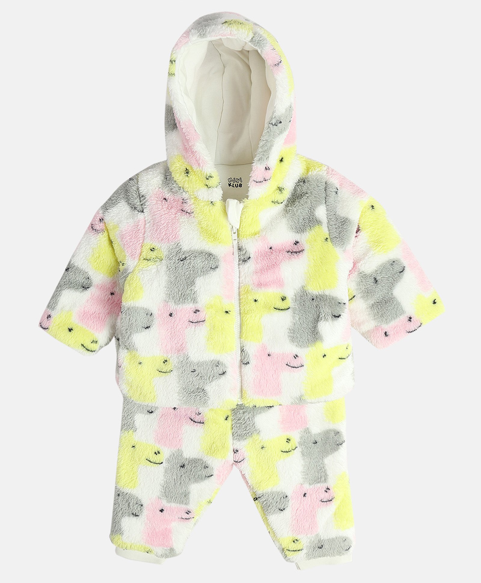 MINI KLUB Cotton Blend Knit Full Sleeves Cartoon Printed Coordinating Hooded Jacket & Pant Set - White & Pink-picture-33