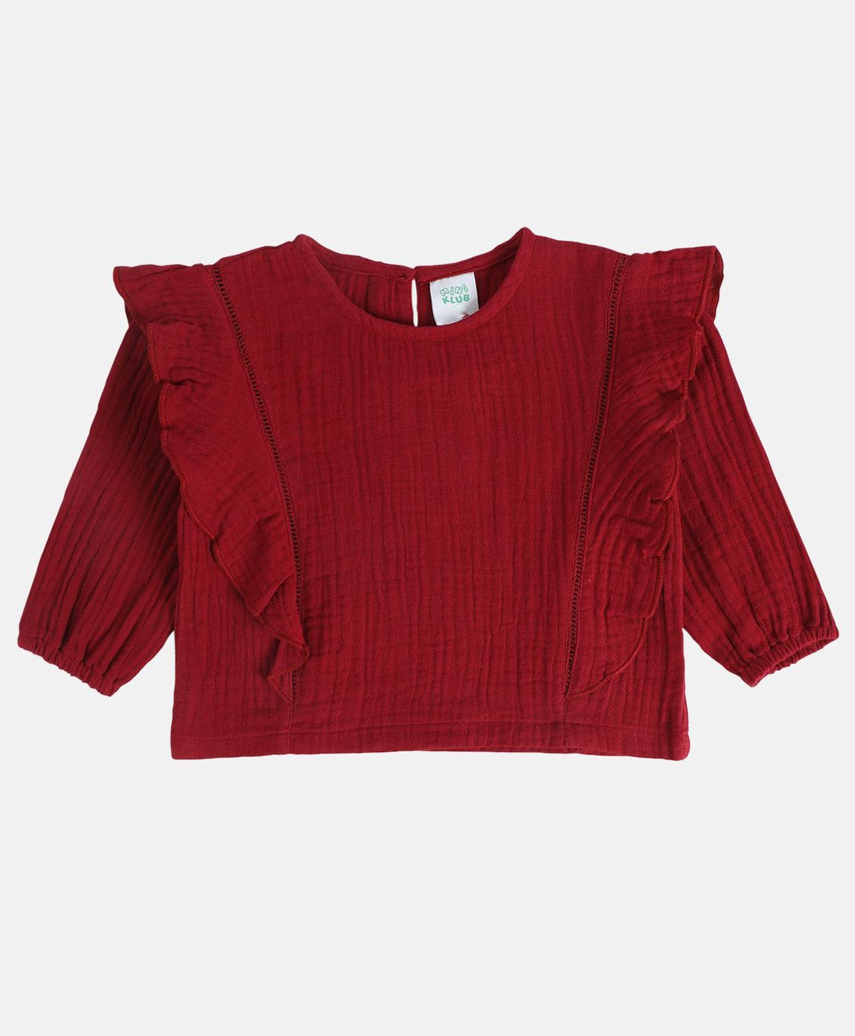 MINI KLUB Cotton Full Puffed Sleeves Frill Detailed Solid Woven Top - Maroon-picture-33