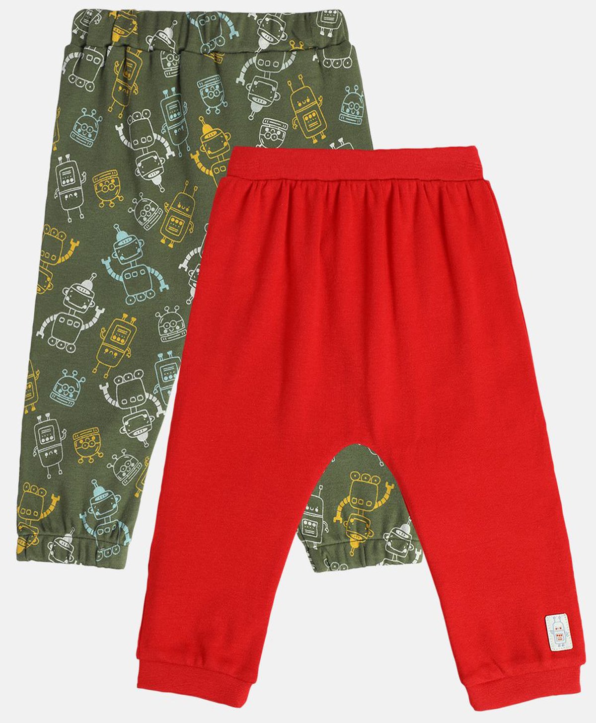 MINI KLUB Cotton Pack Of 2 Solid & Robot Printed Diapper Pajamas - Green & Red-picture-31