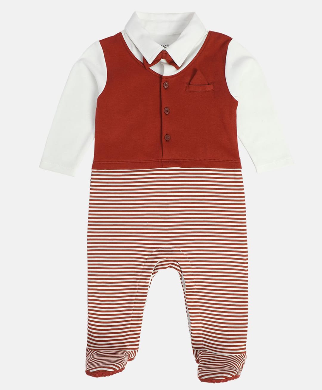 MINI KLUB Cotton Knit Full Sleeves Striped Romper - White & Maroon-picture-49