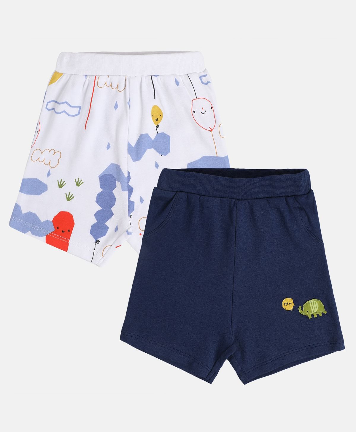 MINI KLUB Cotton Pack Of 2 Balloons Printed & Elephants Patch Embroidered Shorts - Navy Blue & White-picture-31