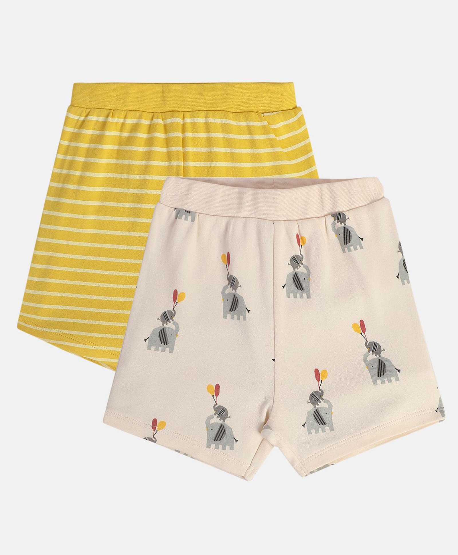 MINI KLUB Cotton Pack Of 2 Striped & Elephants Printed Shorts - Pink & Yellow-image-11