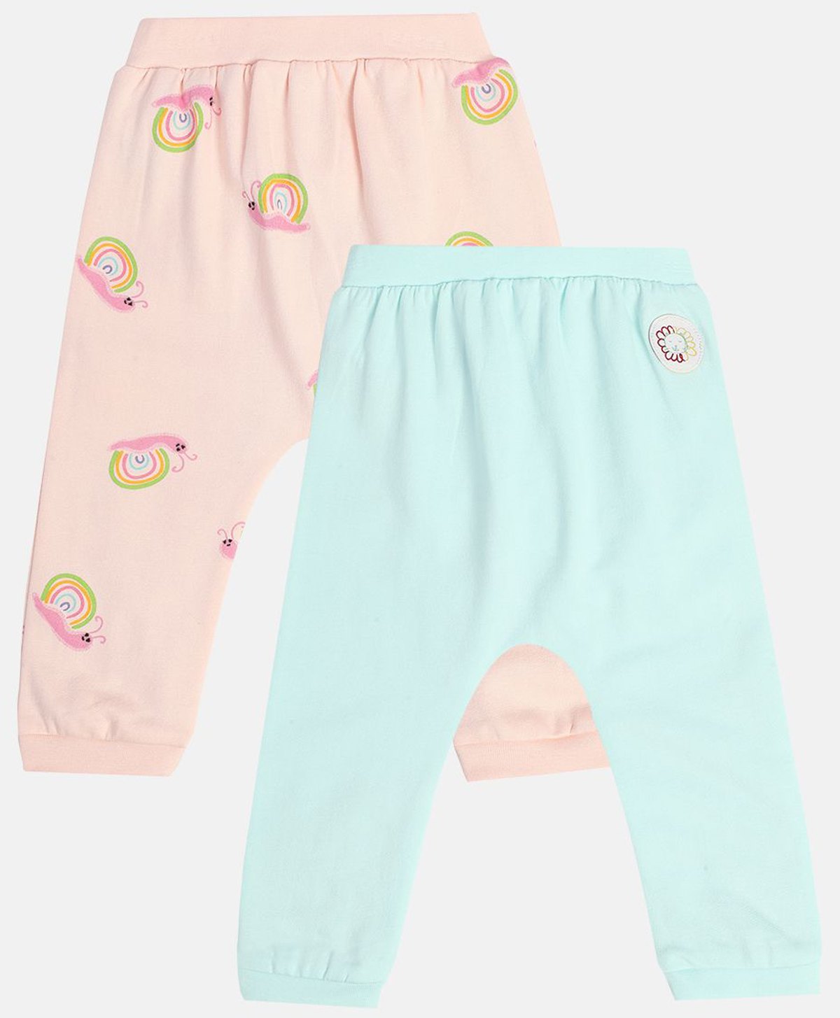 MINI KLUB Cotton Pack Of 2 Snails Printed & Floral Patch Embroidered Knit Leggings - Pink & Blue-picture-12