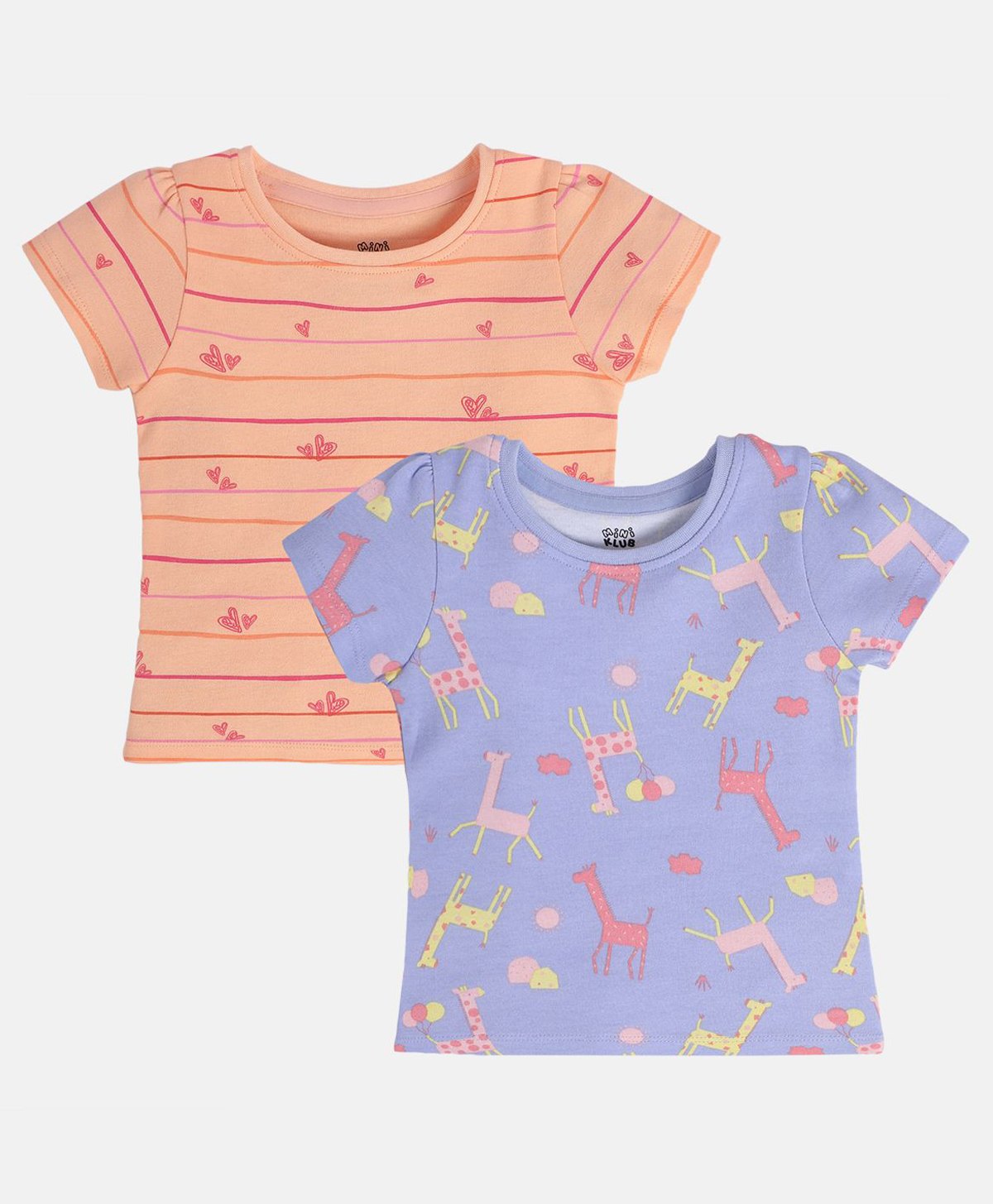 MINI KLUB Cotton Pack Of 2 Half Sleeves Giraffe & Hearts Printed Tops - Peach & Purple-picture-22