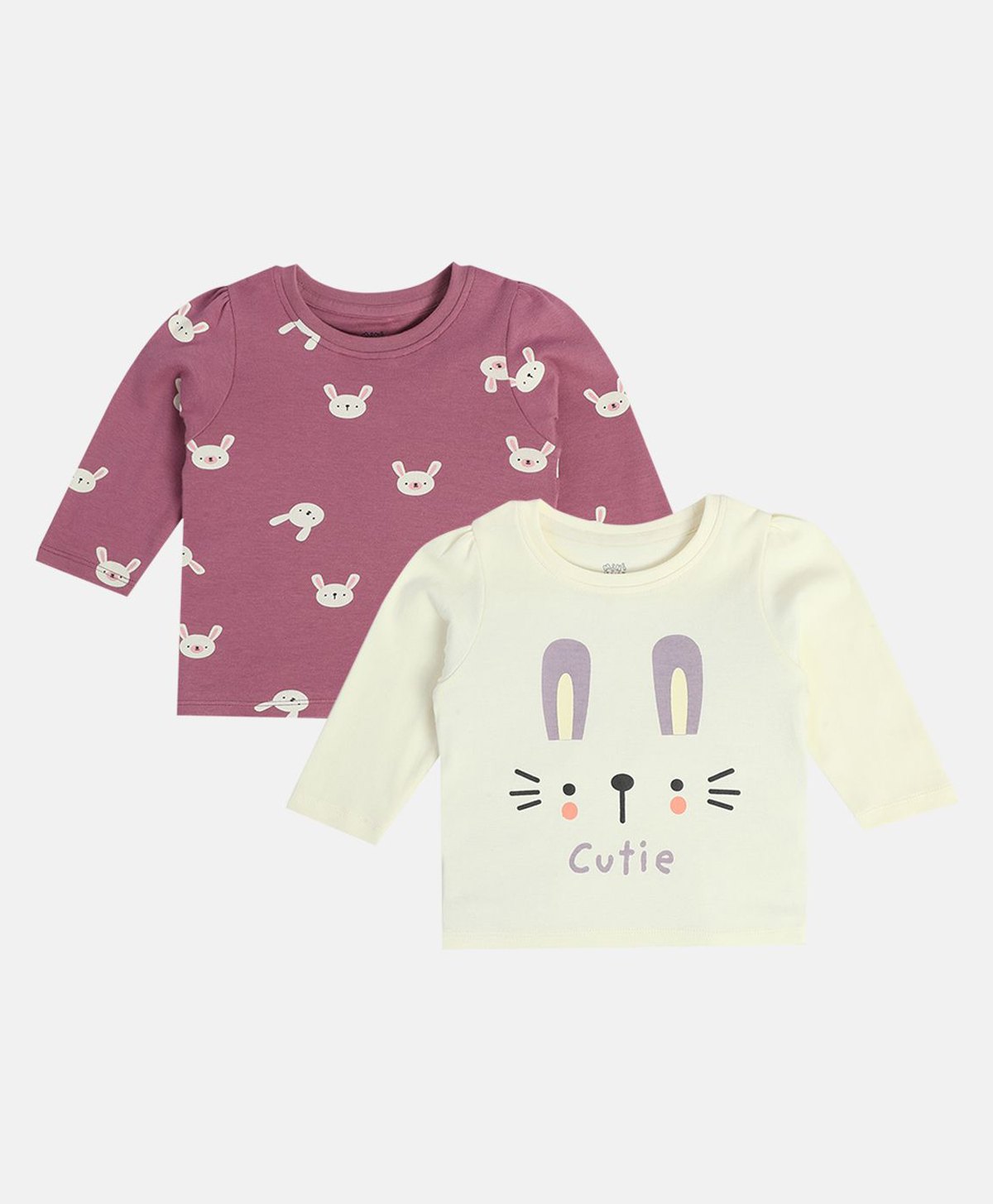 MINI KLUB Cotton Pack Of 2 Full Sleeves Bunny & Cute Text Printed Tops - Off White & Violet-image-46