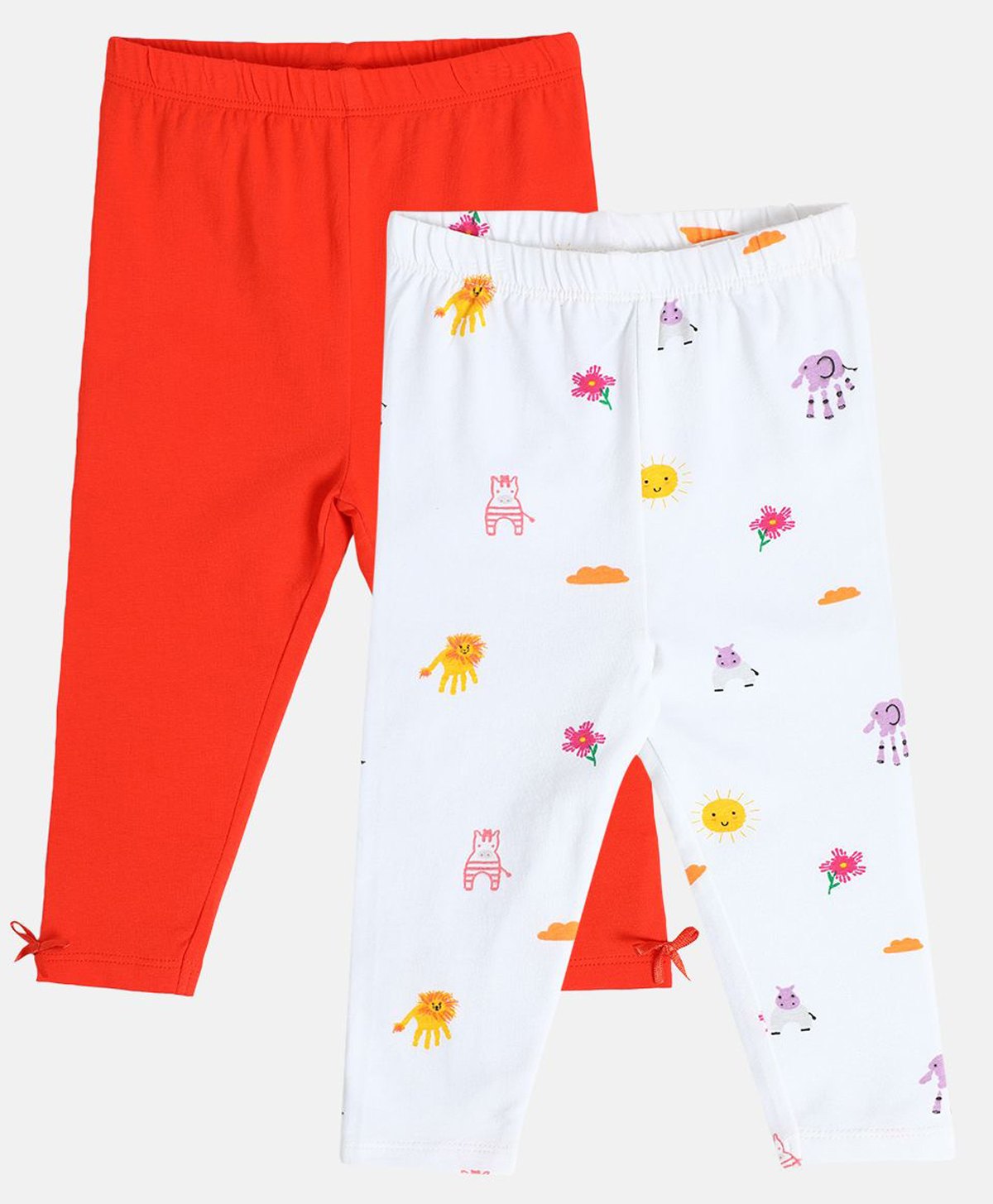 MINI KLUB Cotton Pack Of 2 Solid & Floral Printed Leggings - White & Red-picture-10