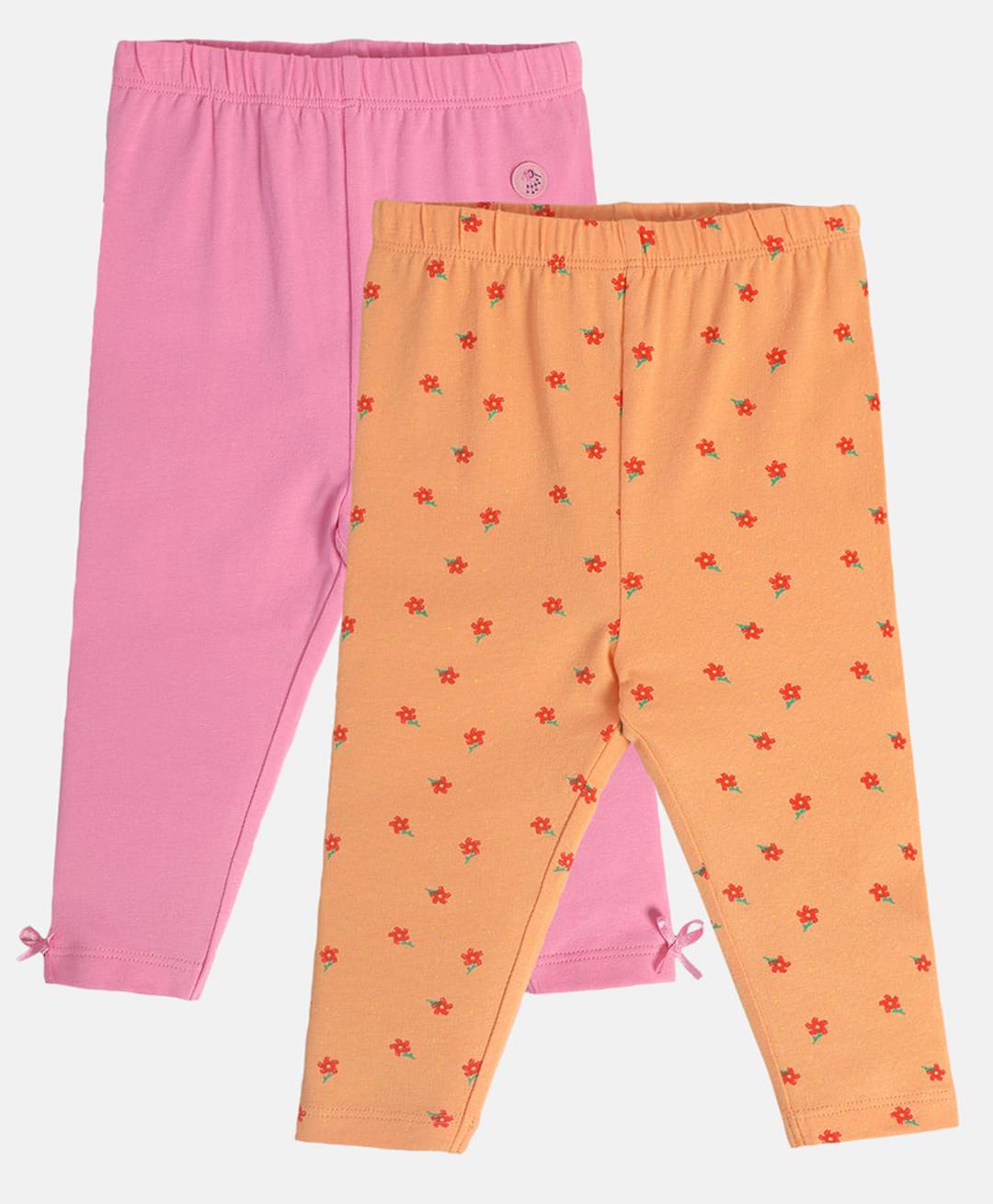 MINI KLUB Cotton Knit Pack Of 2 Solid & Floral Printed Leggings - Pink & Orange-picture-22