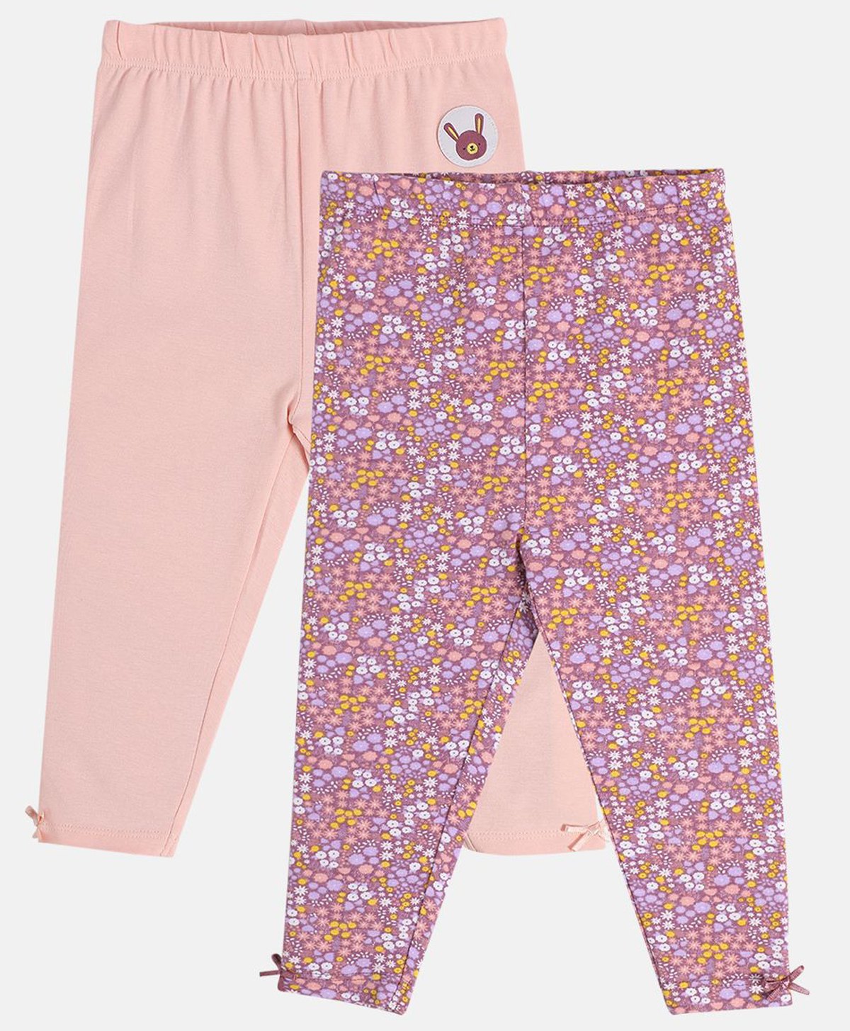 MINI KLUB Cotton Pack Of 2 Solid & Floral Printed Leggings - Violet & Pink-image-40