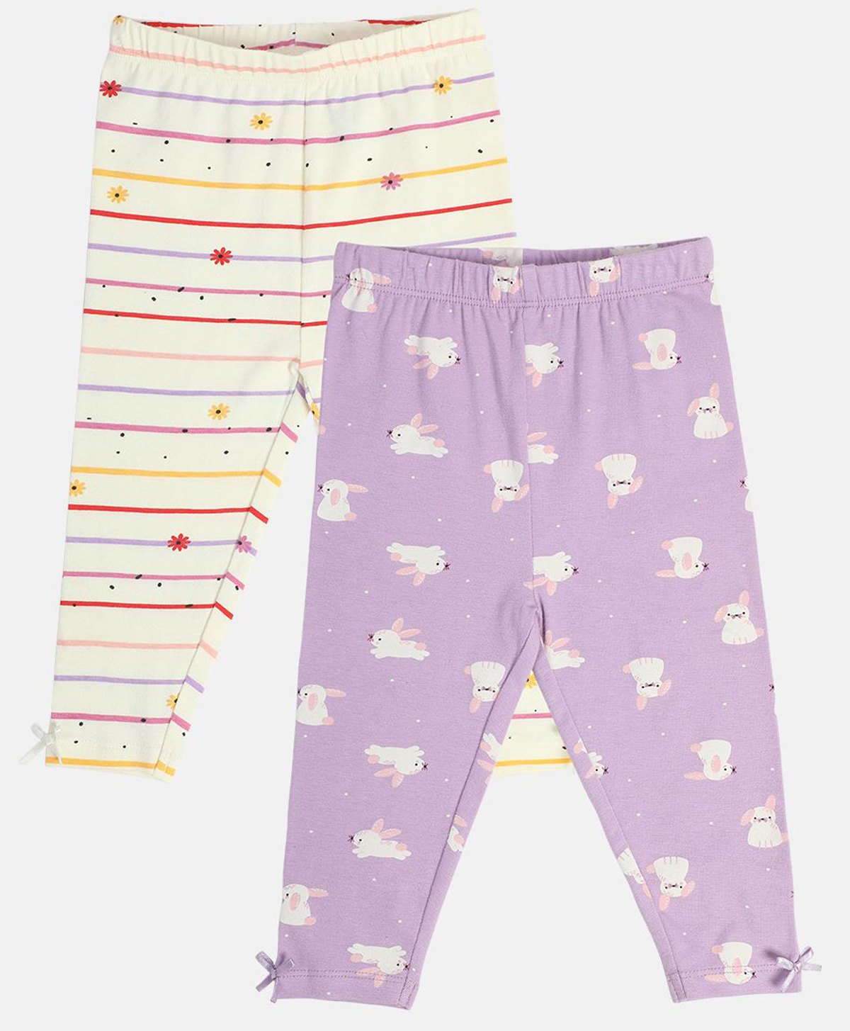 MINI KLUB Cotton Pack Of 2 Rabbit & Floral Printed Leggings - Violet & White-image-15