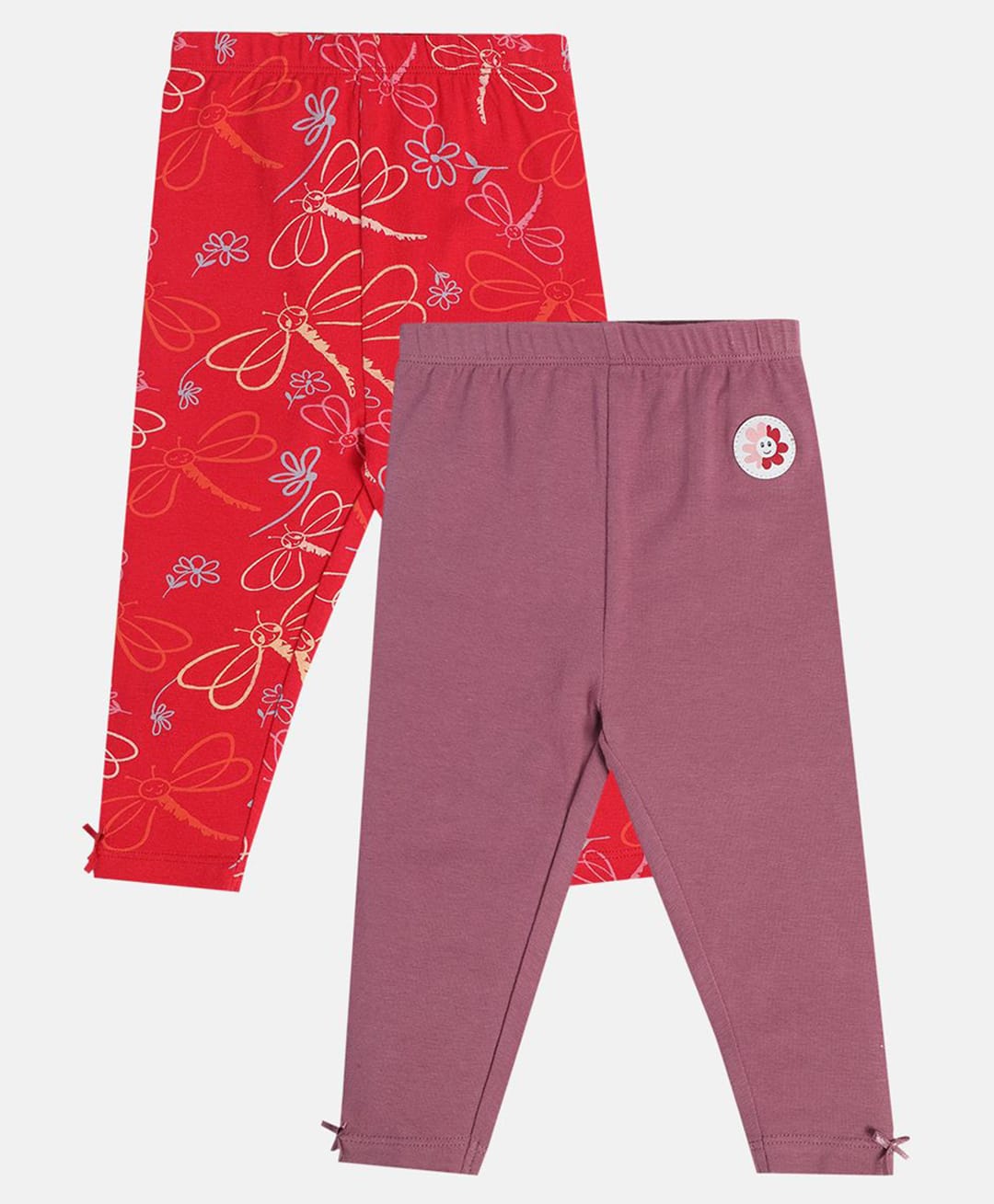 MINI KLUB Cotton Knit Pack Of 2 Solid & Floral Printed Leggings - Red & Violet-picture-21