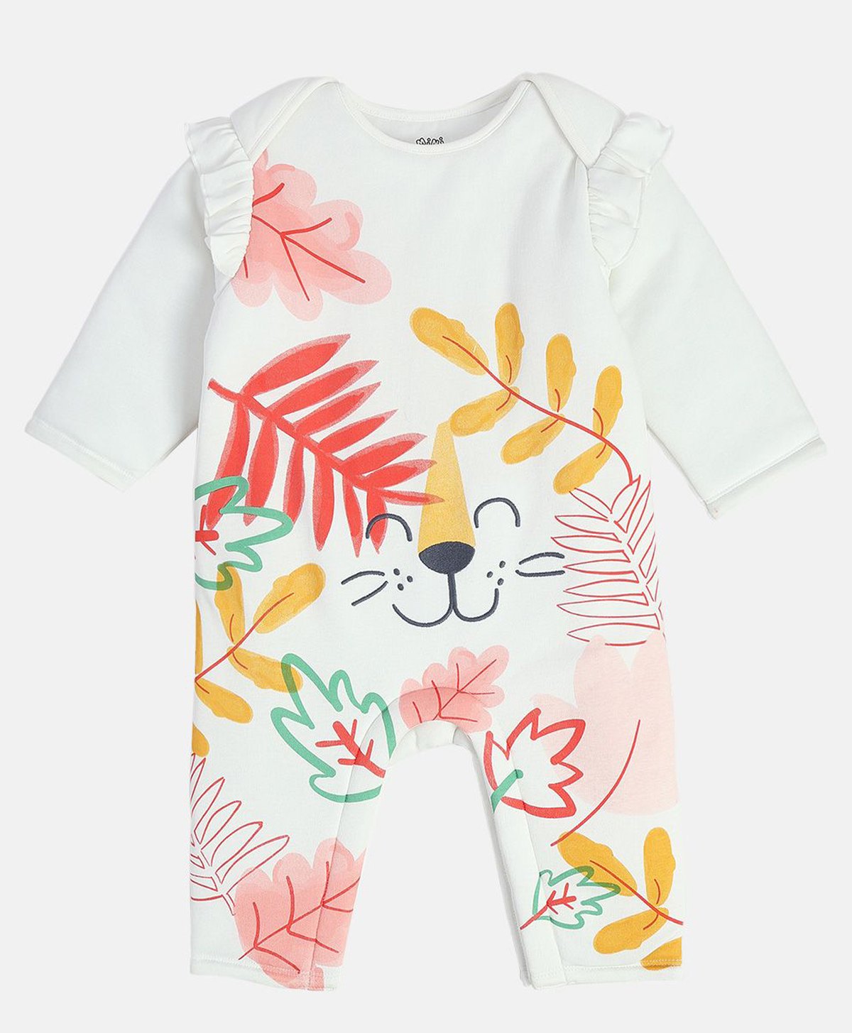 MINI KLUB Cotton Full Sleeves Frill Detailed Leaves Printed Romper - White-image-42