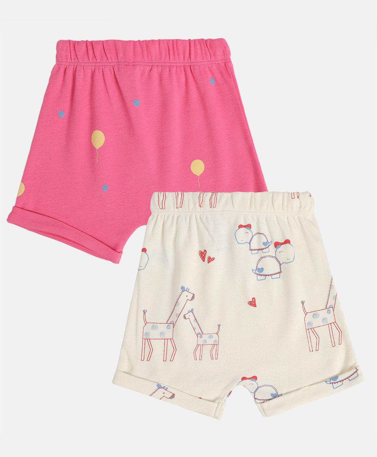 MINI KLUB Cotton Pack Of 2 Balloon & Giraffe Printed Shorts - White & Pink-image-19