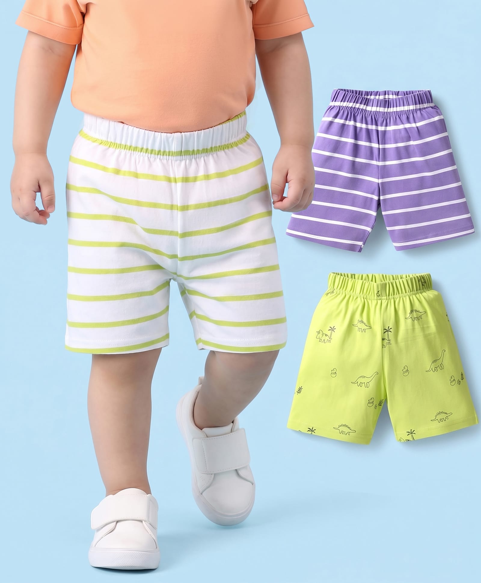kookie kids india Kookie Kids Single Jersey Knit Striped & Dino Printed Shorts Pack of 3 - Multicolor-picture-10