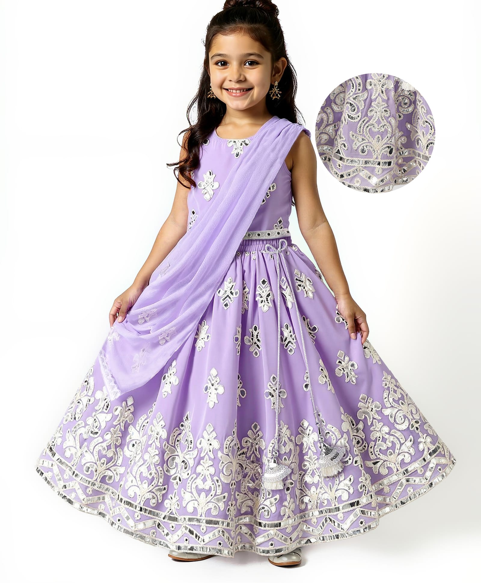 Babyhug Woven Sleeveless Georgett Pitta Work Embriodered Lehenga Choli & Dupatta Set - Purple-image-3