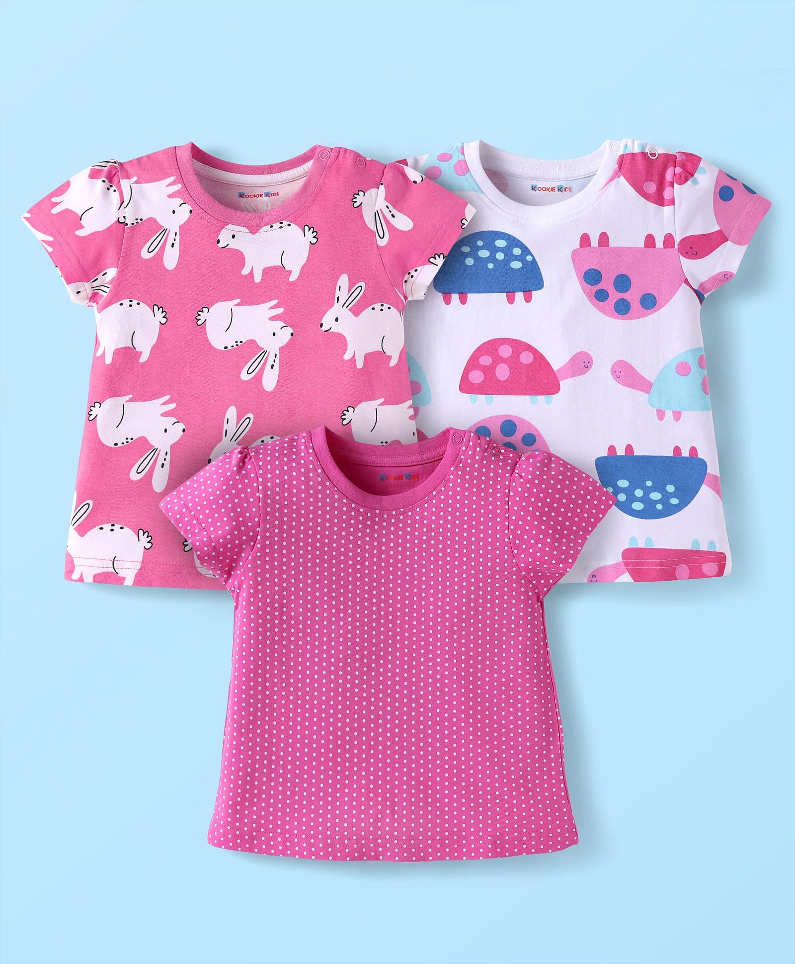 kookie kids india Kookie Kids Single Jersey Knit Half Sleeves T-Shirts with Animal & Polka Dots Print Pack of 3 - Pink & White-picture-24