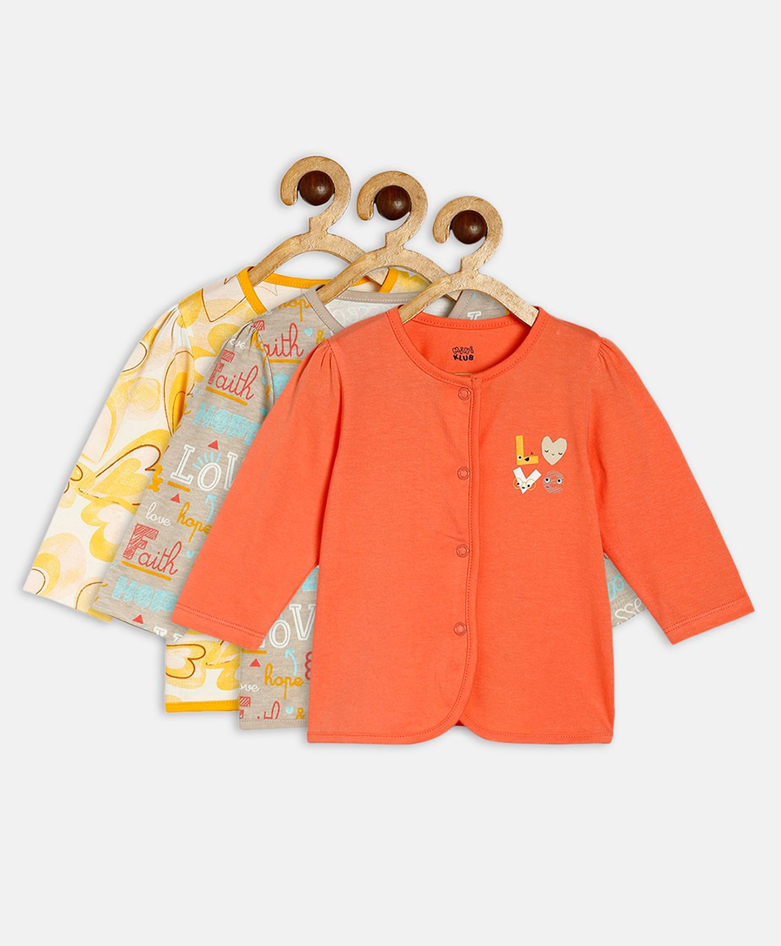 MINI KLUB Cotton Pack Of 3 Full Sleeves Typography & Hearts Printed Vests - Peach Grey & Yellow-image-33