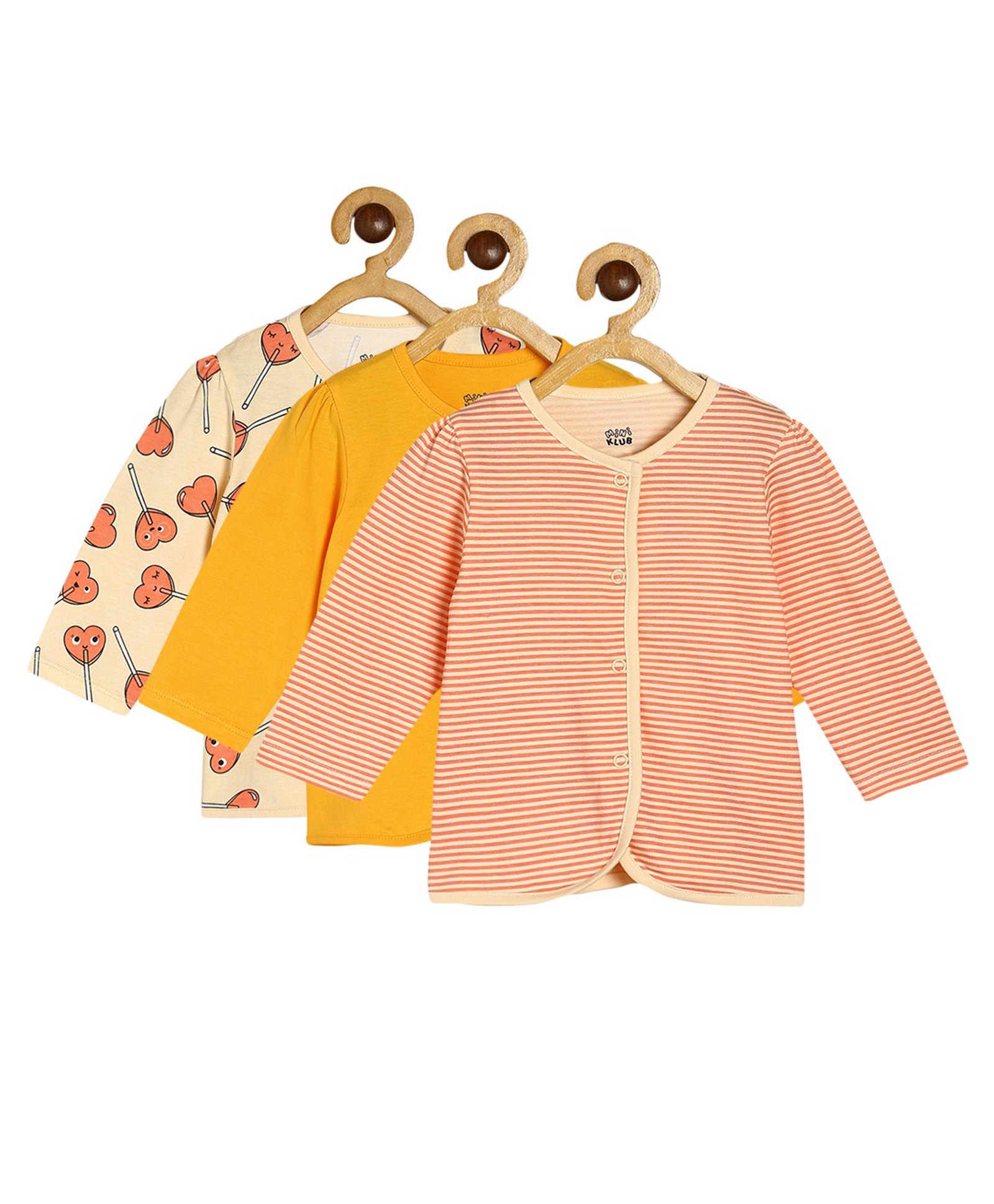 MINI KLUB Cotton Pack Of 3 Full Sleeves Striped & Heart Candies Printed Vests - Peach & Yellow-image-4