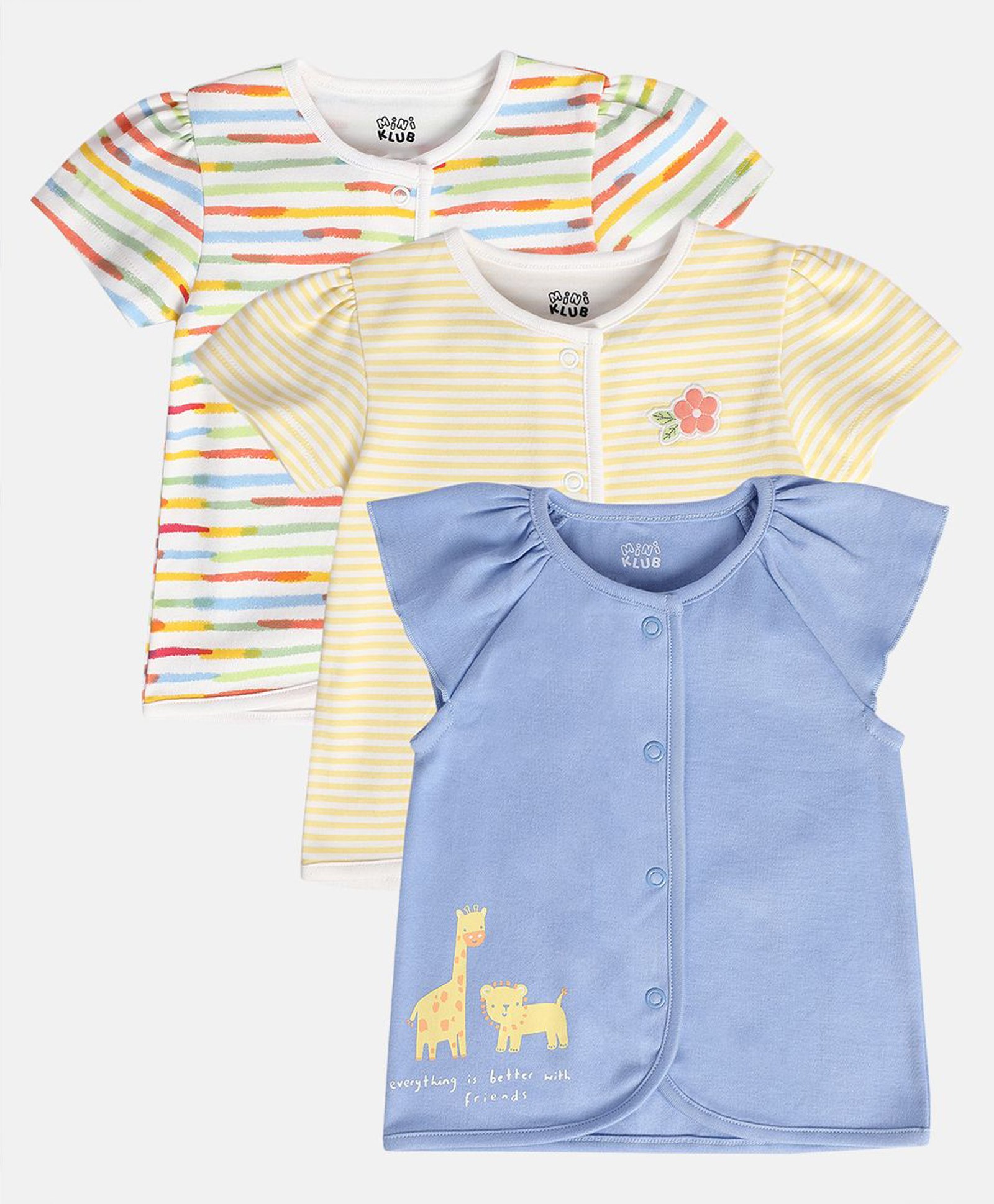 MINI KLUB Cotton Pack Of 3 Half Sleeves Striped & Animal Printed Jhablas - Blue & White-picture-40