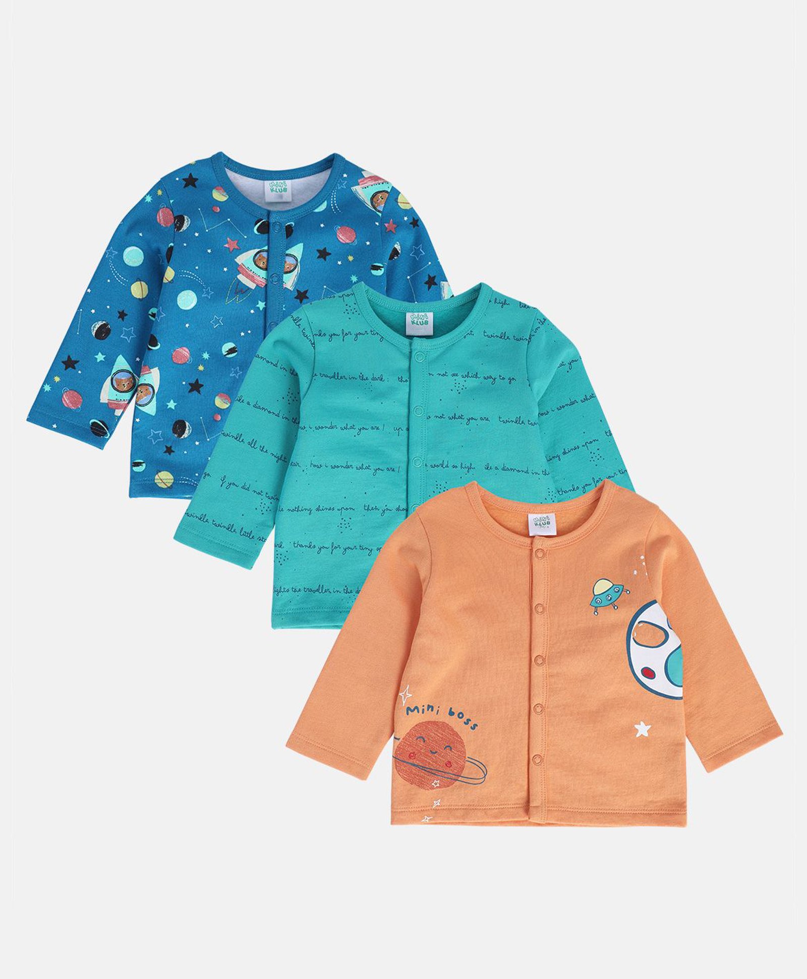MINI KLUB Cotton Knit Pack Of 3 Full Sleeves Space Theme & Typography Printed Vests - Blue & Peach-image-6