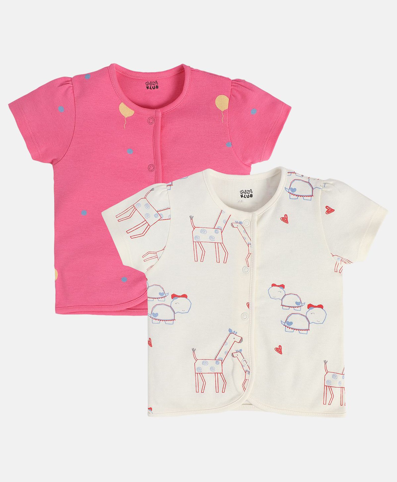 MINI KLUB Cotton Pack Of 2 Half Sleeves Animals & Balloon Printed Jhablas - Pink & White-picture-37