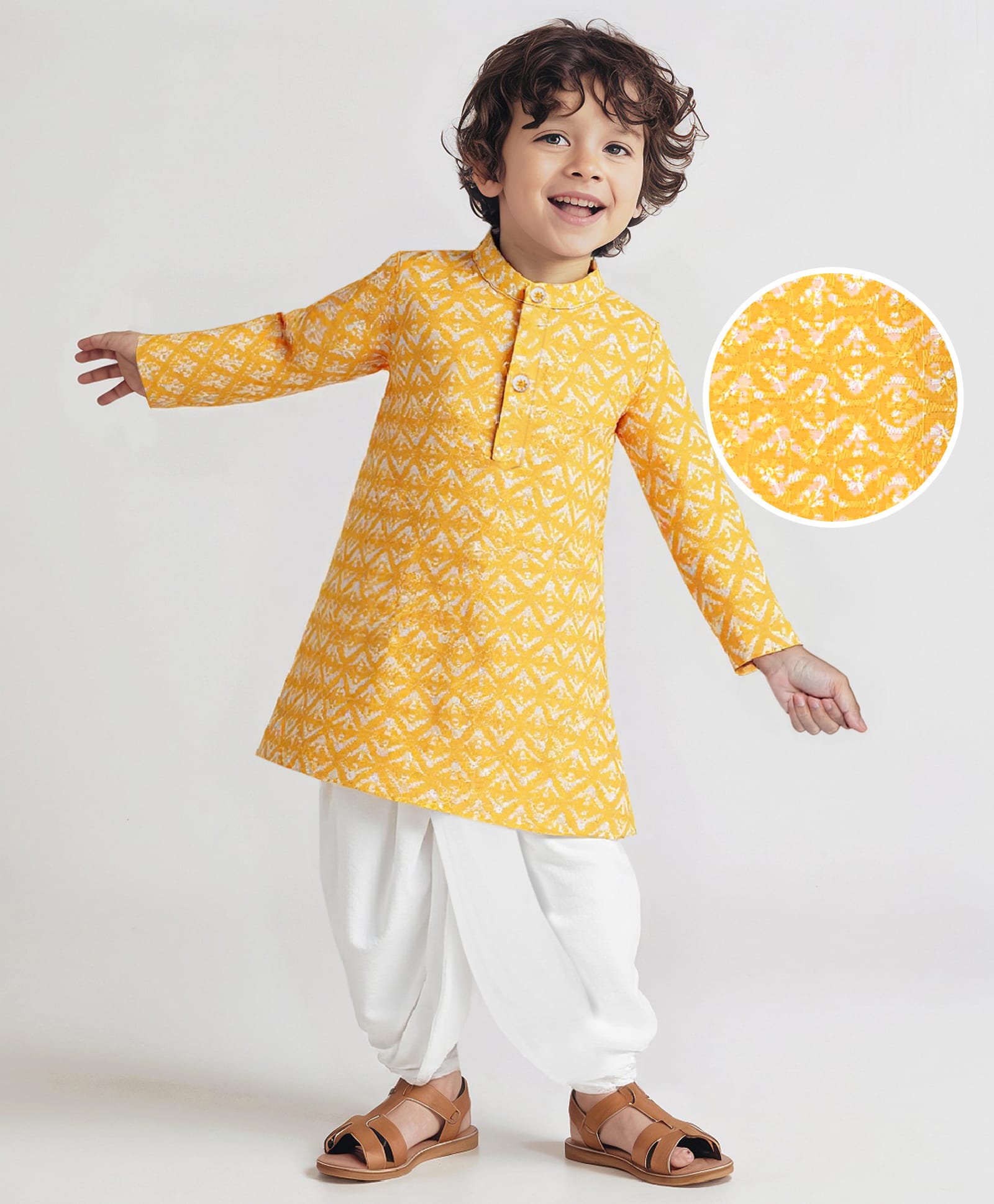 Babyhug Woven Mandarin Collar Full Sleeves Kurta Dhoti Set With Abstract Print - Yellow-image-39