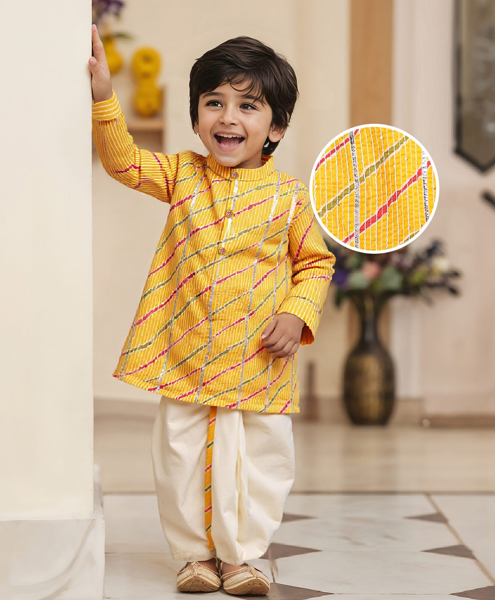 Babyhug Woven Mandarin Collar Full Sleeves Kurta Dhoti Set With Textured Print - Yellow-image-26