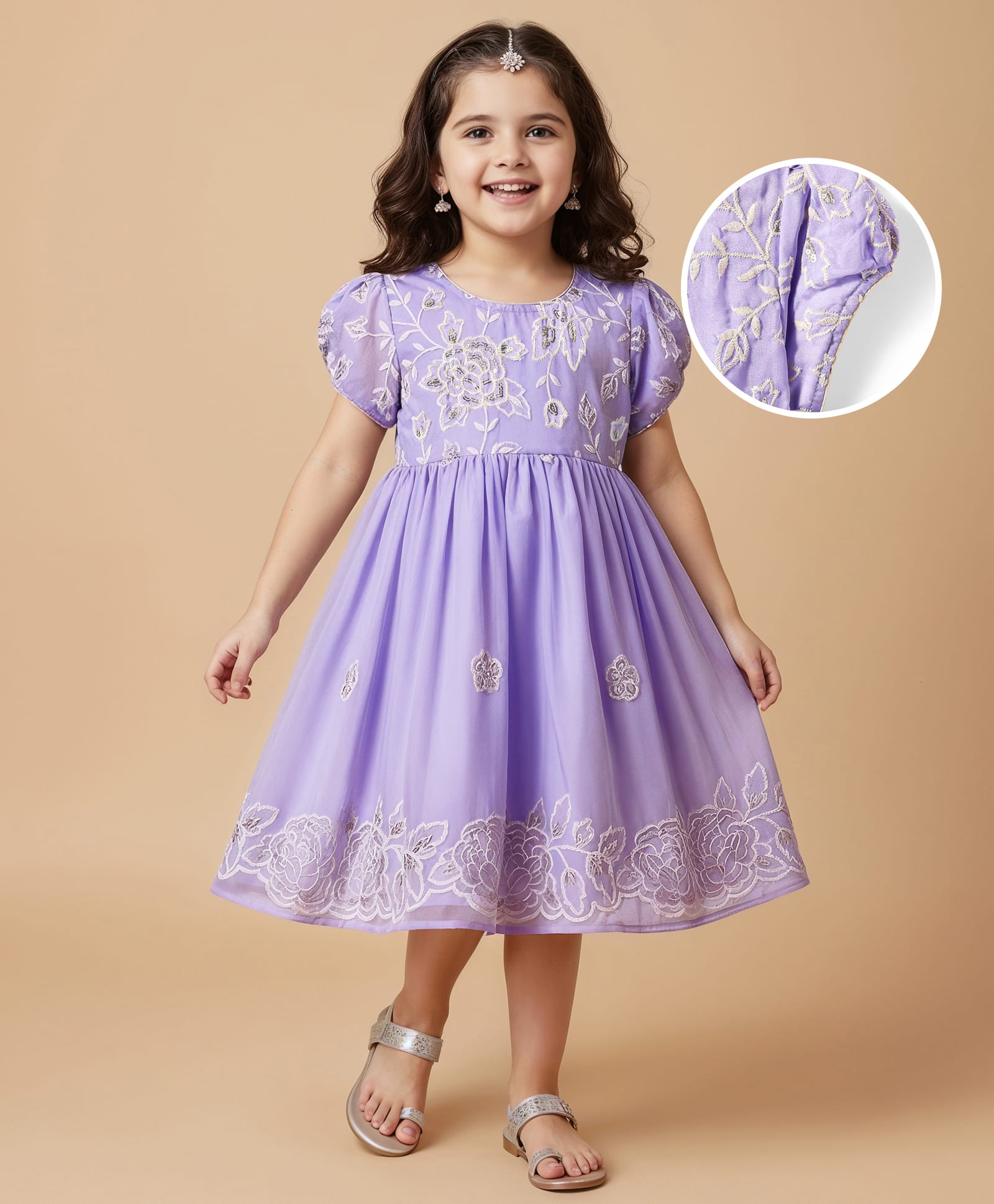 Babyhug Woven Full Length Half Sleeves Ethnic Dress With Floral Embriodery - Lavender-image-49