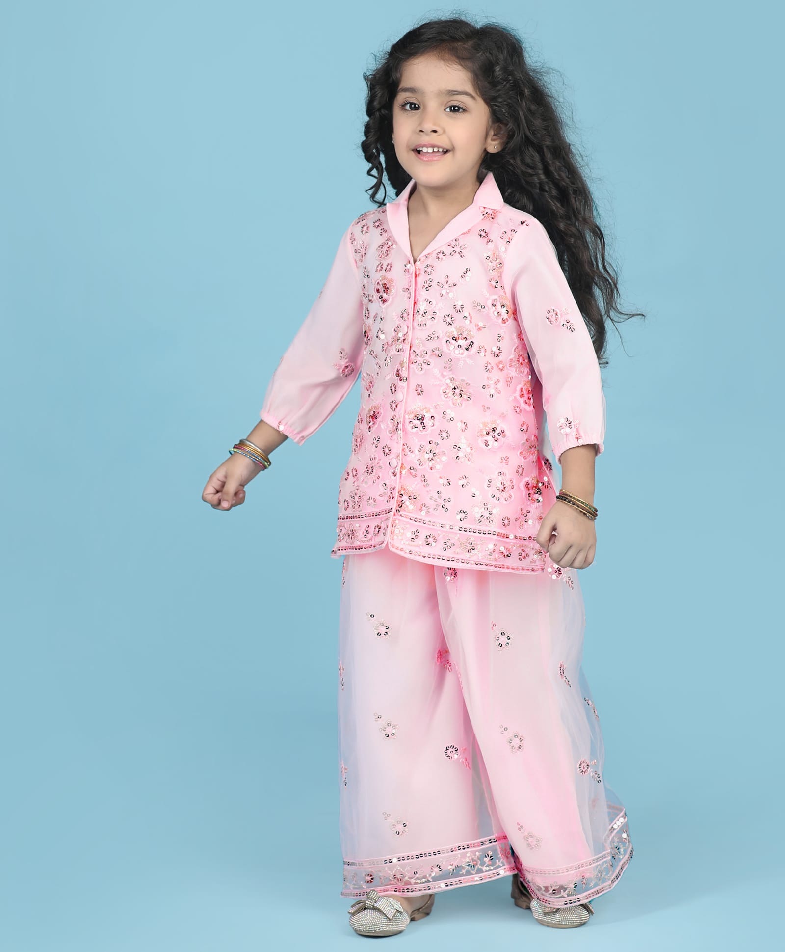Babyhug Woven Three Fourth Sleeves Indo Western Set With Floral Embroidery & Sequin Detailing - Pink-picture-22